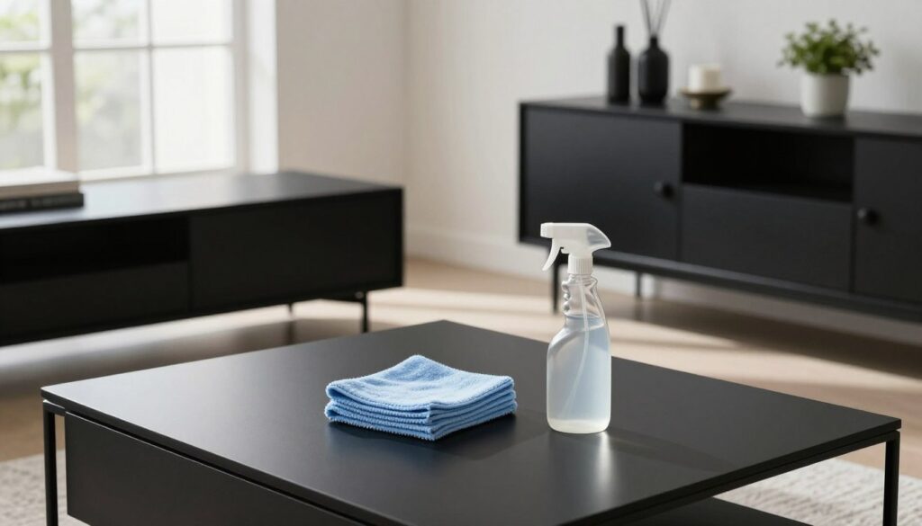 A sleek and modern living room featuring matte black furniture, such as a stylish coffee table and a contemporary sideboard. The foreground shows a well-organized cleaning setup, with microfiber cloths and a gentle cleaning spray bottle placed neatly on the table. The middle ground highlights the matte black surfaces glistening subtly under soft, diffused natural light streaming in through large windows, casting delicate shadows that emphasize the textures. In the background, minimalistic decor and potted plants complement the elegant atmosphere. The overall mood is calm and sophisticated, creating an inviting space that embodies cleanliness and modern design. The camera angle is slightly elevated, providing an overview that captures the essence of maintaining matte black furniture without streaks or marks. A sleek and modern living room featuring matte black furniture, such as a stylish coffee table and a contemporary sideboard. The foreground shows a well-organized cleaning setup, with microfiber cloths and a gentle cleaning spray bottle placed neatly on the table. The middle ground highlights the matte black surfaces glistening subtly under soft, diffused natural light streaming in through large windows, casting delicate shadows that emphasize the textures. In the background, minimalistic decor and potted plants complement the elegant atmosphere. The overall mood is calm and sophisticated, creating an inviting space that embodies cleanliness and modern design. The camera angle is slightly elevated, providing an overview that captures the essence of maintaining matte black furniture without streaks or marks.
