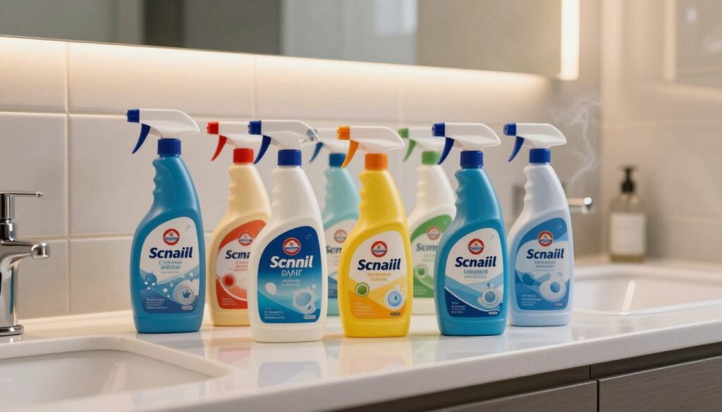 A sleek display of professional cleaning products specifically designed for tile maintenance, arranged neatly on a modern bathroom counter. In the foreground, various bottles showcasing vibrant labels with intricate designs, highlighting their specialized functions for soap scum and hard water stain removal. The middle ground features a shiny, immaculate tiled surface that reflects the bottles subtly, suggesting cleanliness. The background shows a softly lit bathroom environment, with elegant fixtures and a hint of steam to evoke the concept of freshness. The lighting is warm and inviting, casting gentle shadows that enhance the textures of the products and surroundings. The overall atmosphere is professional yet approachable, perfect for illustrating advanced cleaning solutions in a home setting. A sleek display of professional cleaning products specifically designed for tile maintenance, arranged neatly on a modern bathroom counter. In the foreground, various bottles showcasing vibrant labels with intricate designs, highlighting their specialized functions for soap scum and hard water stain removal. The middle ground features a shiny, immaculate tiled surface that reflects the bottles subtly, suggesting cleanliness. The background shows a softly lit bathroom environment, with elegant fixtures and a hint of steam to evoke the concept of freshness. The lighting is warm and inviting, casting gentle shadows that enhance the textures of the products and surroundings. The overall atmosphere is professional yet approachable, perfect for illustrating advanced cleaning solutions in a home setting.