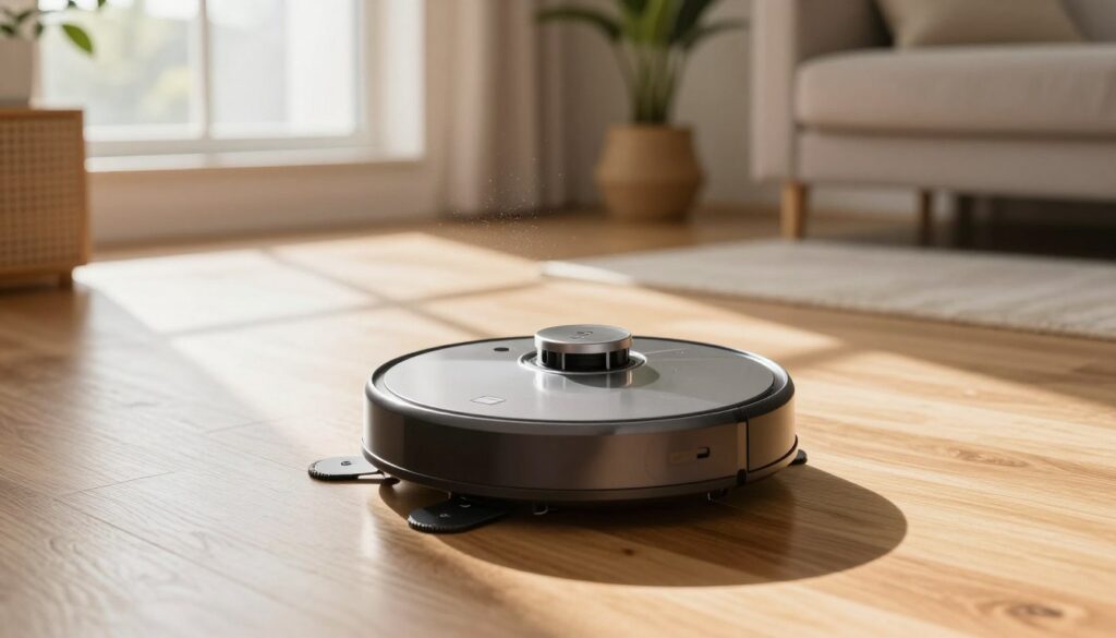 A sleek, modern robotic mop vacuums a polished hardwood floor in a well-lit room. The device is compact and streamlined, featuring sensors and a shiny exterior that reflects the warm light spilling from a nearby window. In the background, a cozy living space with minimalistic furniture and potted plants creates an inviting atmosphere. Dust particles dance in the sunlight, emphasizing the cleanliness the robot achieves. The angle is slightly from above, showcasing the mop's effectiveness while avoiding clutter in the surrounding area. The overall mood is serene and efficient, highlighting the importance of using the right cleaning liquids for maintenance without damaging the floors or the device itself. A sleek, modern robotic mop vacuums a polished hardwood floor in a well-lit room. The device is compact and streamlined, featuring sensors and a shiny exterior that reflects the warm light spilling from a nearby window. In the background, a cozy living space with minimalistic furniture and potted plants creates an inviting atmosphere. Dust particles dance in the sunlight, emphasizing the cleanliness the robot achieves. The angle is slightly from above, showcasing the mop's effectiveness while avoiding clutter in the surrounding area. The overall mood is serene and efficient, highlighting the importance of using the right cleaning liquids for maintenance without damaging the floors or the device itself.