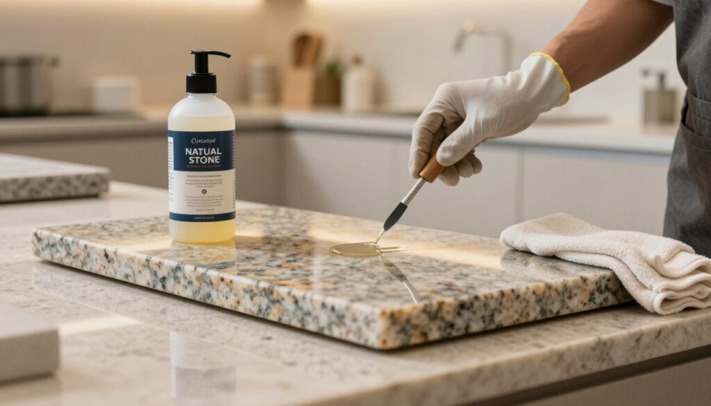 A sleek, polished slab of granite sits prominently in the foreground, reflecting ambient light softly. A professional-looking bottle of natural stone impregnator is positioned beside it, with a cloth draped over a corner of the granite. In the middle ground, a gloved hand gently applies the impregnating solution, showcasing a focus on care and maintenance. The background features a well-lit kitchen or stone showroom with subtle textures and colors that emphasize the elegance of granite while ensuring it doesn't distract from the main action. The overall mood is one of precision and professionalism, highlighting the importance of regular stone treatment for longevity, with warm lighting to create an inviting atmosphere. A sleek, polished slab of granite sits prominently in the foreground, reflecting ambient light softly. A professional-looking bottle of natural stone impregnator is positioned beside it, with a cloth draped over a corner of the granite. In the middle ground, a gloved hand gently applies the impregnating solution, showcasing a focus on care and maintenance. The background features a well-lit kitchen or stone showroom with subtle textures and colors that emphasize the elegance of granite while ensuring it doesn't distract from the main action. The overall mood is one of precision and professionalism, highlighting the importance of regular stone treatment for longevity, with warm lighting to create an inviting atmosphere.
