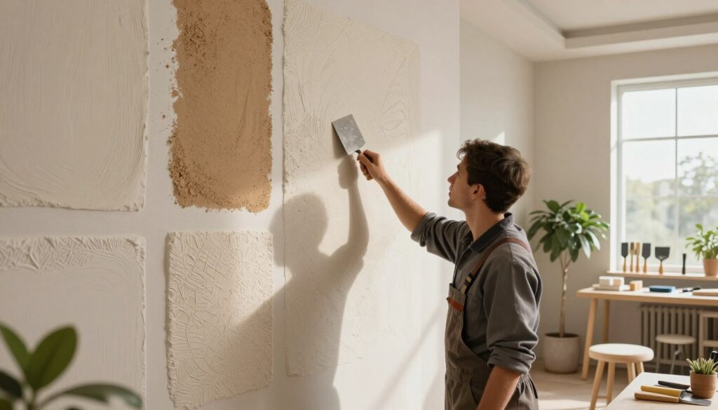 A spacious, modern interior showcasing various decorative plaster application techniques. In the foreground, a skilled artisan wearing a professional work outfit is applying a textured plaster to a feature wall with a trowel, demonstrating precision. The middle ground features close-up details of different plaster textures, such as smooth, sand, and patterned finishes. Natural light filters through large windows, casting soft shadows and highlighting the warmth of the materials, while plants and minimalist furnishings create a harmonious atmosphere. The background presents a display of tools, like spatulas and brushes, arranged neatly on a workbench, contributing to the overall organized and professional ambiance. A spacious, modern interior showcasing various decorative plaster application techniques. In the foreground, a skilled artisan wearing a professional work outfit is applying a textured plaster to a feature wall with a trowel, demonstrating precision. The middle ground features close-up details of different plaster textures, such as smooth, sand, and patterned finishes. Natural light filters through large windows, casting soft shadows and highlighting the warmth of the materials, while plants and minimalist furnishings create a harmonious atmosphere. The background presents a display of tools, like spatulas and brushes, arranged neatly on a workbench, contributing to the overall organized and professional ambiance.