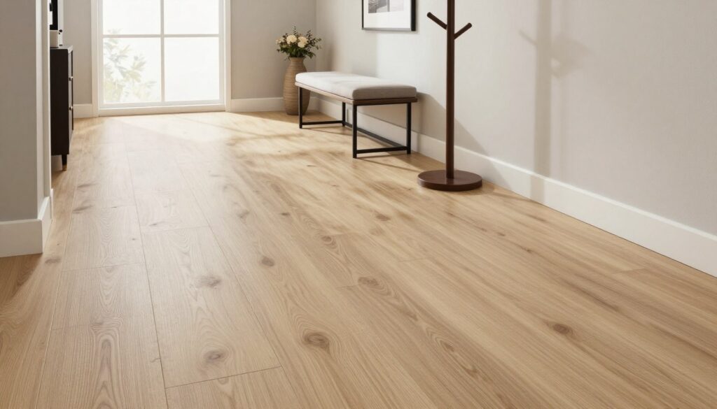 A stylish hallway featuring laminate flooring, showcasing a modern and practical design. In the foreground, focus on a sleek, light-colored laminate floor with a textured finish that resembles natural wood grains, perfect for high-traffic areas. The middle ground highlights a contemporary hallway setup, adorned with elegant furniture pieces like a minimalist bench and a stylish coat rack. Natural light floods the space through a large window, casting soft shadows and creating a bright, inviting atmosphere. In the background, tasteful wall decor complements the laminate flooring, enhancing the overall aesthetic. The scene conveys a sense of warmth and practicality, ideal for a durable entryway solution resistant to dirt and moisture. The composition captures an inviting and functional ambiance. A stylish hallway featuring laminate flooring, showcasing a modern and practical design. In the foreground, focus on a sleek, light-colored laminate floor with a textured finish that resembles natural wood grains, perfect for high-traffic areas. The middle ground highlights a contemporary hallway setup, adorned with elegant furniture pieces like a minimalist bench and a stylish coat rack. Natural light floods the space through a large window, casting soft shadows and creating a bright, inviting atmosphere. In the background, tasteful wall decor complements the laminate flooring, enhancing the overall aesthetic. The scene conveys a sense of warmth and practicality, ideal for a durable entryway solution resistant to dirt and moisture. The composition captures an inviting and functional ambiance.