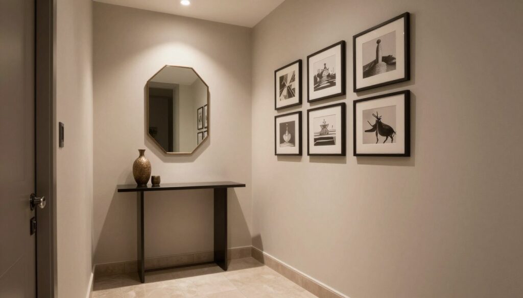 A stylish hallway interior featuring two walls of a modern entryway. The walls are adorned with scuff-resistant paint in a soft, neutral color that reflects ambient lighting. On one side, a small, elegant console table with a decorative vase and a mirror hangs above it, while on the opposite wall, a series of framed artwork is displayed. The floor is a contemporary tile that complements the walls and adds texture to the scene. The lighting is warm and inviting, casting soft shadows that enhance the depth of the hallway. The atmosphere is serene yet practical, illustrating a space designed to minimize wear and tears while remaining aesthetically pleasing. The camera angle captures the essence of the entryway, providing a glimpse into effective wall decorating choices that resist dirt and damage. A stylish hallway interior featuring two walls of a modern entryway. The walls are adorned with scuff-resistant paint in a soft, neutral color that reflects ambient lighting. On one side, a small, elegant console table with a decorative vase and a mirror hangs above it, while on the opposite wall, a series of framed artwork is displayed. The floor is a contemporary tile that complements the walls and adds texture to the scene. The lighting is warm and inviting, casting soft shadows that enhance the depth of the hallway. The atmosphere is serene yet practical, illustrating a space designed to minimize wear and tears while remaining aesthetically pleasing. The camera angle captures the essence of the entryway, providing a glimpse into effective wall decorating choices that resist dirt and damage.