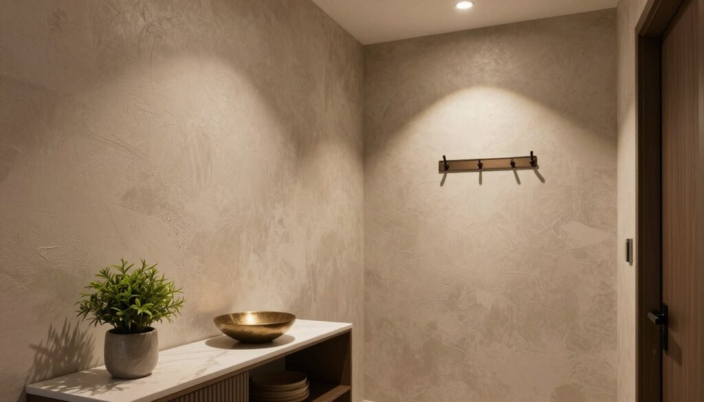 A stylish hallway interior featuring walls designed for durability against dirt and scuffs. In the foreground, a modern console table with decorative items, including a small plant and a decorative bowl, adds elegance. The middle ground displays textured wall panels in warm neutral tones, showcasing materials like washable paint or durable wallpaper, resistant to wear. A stylish coat rack is visible, emphasizing functionality. The background reveals a soft overhead light that creates a warm atmosphere, highlighting the wall texture. The perspective is slightly angled to capture the depth of the space, allowing the viewer to appreciate the blend of style and practicality in a welcoming entryway. The overall mood conveys comfort and modern design sophistication. A stylish hallway interior featuring walls designed for durability against dirt and scuffs. In the foreground, a modern console table with decorative items, including a small plant and a decorative bowl, adds elegance. The middle ground displays textured wall panels in warm neutral tones, showcasing materials like washable paint or durable wallpaper, resistant to wear. A stylish coat rack is visible, emphasizing functionality. The background reveals a soft overhead light that creates a warm atmosphere, highlighting the wall texture. The perspective is slightly angled to capture the depth of the space, allowing the viewer to appreciate the blend of style and practicality in a welcoming entryway. The overall mood conveys comfort and modern design sophistication.