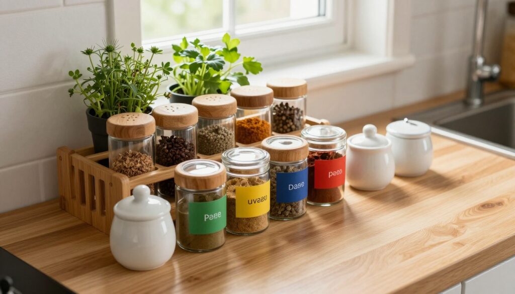 A stylish kitchen countertop showcasing a variety of spice containers meticulously organized for both functionality and aesthetics. In the foreground, wooden spice jars with clear glass lids and vibrant labels sit alongside elegant ceramic shakers. The middle ground features a sleek bamboo spice rack, accented by fresh herbs in small pots. In the background, soft natural light streams in through a window, illuminating the space and enhancing the warm hues of the wooden surfaces. The overall atmosphere is inviting and practical, conveying a sense of creativity and order. The image is captured from a slightly elevated angle, focusing on the arrangement of the containers, creating depth and visual interest without any distractions. A stylish kitchen countertop showcasing a variety of spice containers meticulously organized for both functionality and aesthetics. In the foreground, wooden spice jars with clear glass lids and vibrant labels sit alongside elegant ceramic shakers. The middle ground features a sleek bamboo spice rack, accented by fresh herbs in small pots. In the background, soft natural light streams in through a window, illuminating the space and enhancing the warm hues of the wooden surfaces. The overall atmosphere is inviting and practical, conveying a sense of creativity and order. The image is captured from a slightly elevated angle, focusing on the arrangement of the containers, creating depth and visual interest without any distractions.