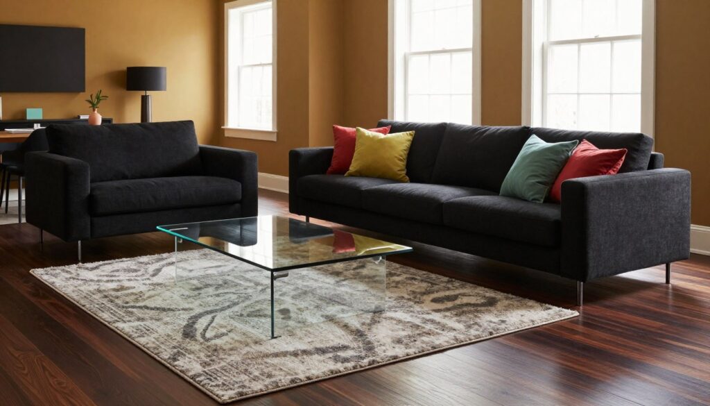 A stylish living room featuring bold contrasts between dark furniture and a rich, dark wood floor. In the foreground, a modern, sleek black sofa adorned with colorful cushions creates a focal point. In the middle, a striking glass coffee table sits elegantly atop a textured area rug, while a contemporary armchair in a deep jewel tone complements the sofa. The background showcases a well-lit space with accent walls painted in a warm, contrasting color, illuminated by soft natural light streaming in from large windows. The atmosphere is inviting yet chic, embodying a harmonious blend of modern design and cozy comfort. The angle captures the depth of the room, emphasizing the interplay of dark colors with vibrant accents. A stylish living room featuring bold contrasts between dark furniture and a rich, dark wood floor. In the foreground, a modern, sleek black sofa adorned with colorful cushions creates a focal point. In the middle, a striking glass coffee table sits elegantly atop a textured area rug, while a contemporary armchair in a deep jewel tone complements the sofa. The background showcases a well-lit space with accent walls painted in a warm, contrasting color, illuminated by soft natural light streaming in from large windows. The atmosphere is inviting yet chic, embodying a harmonious blend of modern design and cozy comfort. The angle captures the depth of the room, emphasizing the interplay of dark colors with vibrant accents.