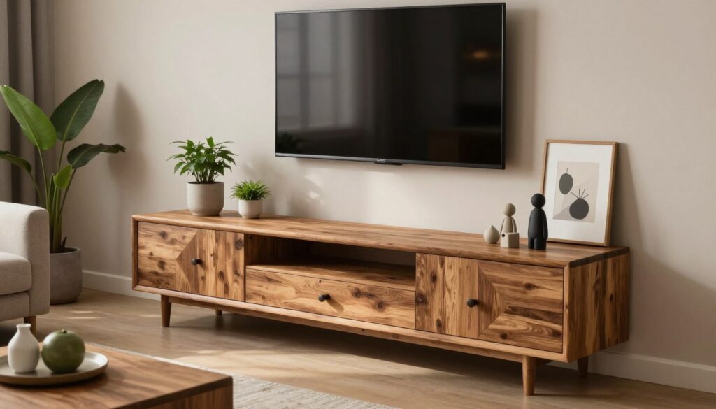 A stylish living room scene focusing on alternative options for traditional RTV cabinets. In the foreground, showcase a unique console table made of reclaimed wood with modern geometric design elements. On top of it, display minimalist decor items like potted plants, framed artwork, and contemporary figurines, emphasizing an uncluttered aesthetic. In the middle, place a sleek, wall-mounted television accentuated by subtle ambient lighting that creates a warm and inviting atmosphere. In the background, incorporate neutral-colored walls and a cozy sofa, enhancing the overall harmony of the space. Use soft, natural light to create an inviting mood, captured from a slightly elevated angle to highlight the depth of the arrangement. The image should evoke a sense of creativity and tranquility, promoting a stylish yet functional entertainment area.