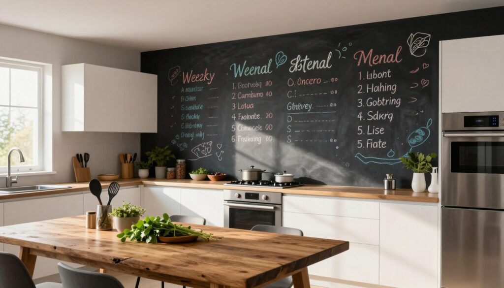 A stylish modern kitchen featuring a vibrant chalkboard paint wall with colorful chalk writing, showcasing a blend of creative and functional elements. The foreground includes a rustic wooden table adorned with fresh herbs and kitchen utensils. In the middle, the chalkboard wall displays a weekly meal plan and grocery list in fun, colorful chalk. The background reveals sleek white cabinetry and stainless steel appliances, with warm sunlight streaming in through a window, casting soft shadows. The atmosphere is inviting and creative, perfect for a family setting. The image is captured with a wide-angle lens to include a panoramic view of the kitchen space, emphasizing both decoration and functionality. A stylish modern kitchen featuring a vibrant chalkboard paint wall with colorful chalk writing, showcasing a blend of creative and functional elements. The foreground includes a rustic wooden table adorned with fresh herbs and kitchen utensils. In the middle, the chalkboard wall displays a weekly meal plan and grocery list in fun, colorful chalk. The background reveals sleek white cabinetry and stainless steel appliances, with warm sunlight streaming in through a window, casting soft shadows. The atmosphere is inviting and creative, perfect for a family setting. The image is captured with a wide-angle lens to include a panoramic view of the kitchen space, emphasizing both decoration and functionality.