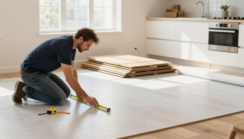 A stylish, modern kitchen scene focuses on the preparation for laying floor panels. In the foreground, a carpenter in smart casual clothing is kneeling on a clean, smooth subfloor, carefully leveling it with a tool. Measuring tape and a pencil lie beside him, indicating meticulous planning. The middle shows a stack of wooden floor panels and underlayment rolls neatly arranged, with a partially unrolled underlayment on one side. The background features bright, natural light streaming in through a window, casting soft shadows and creating a warm, inviting atmosphere. The walls are painted in a soft color, complementing the flooring, and the space is clutter-free, evoking a sense of professionalism and organization in home renovation.