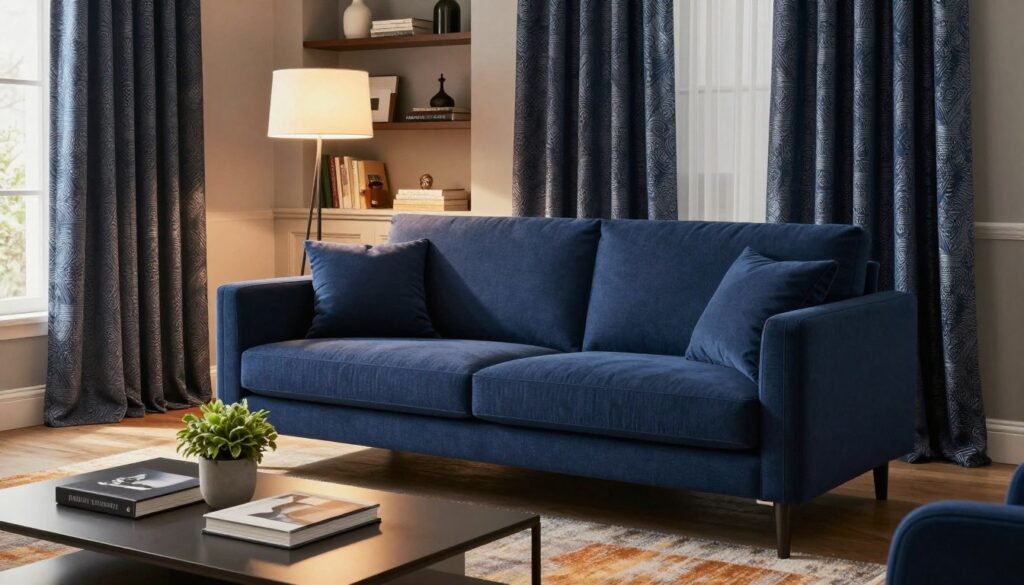 A stylish, modern living room featuring a deep navy blue sofa as the centerpiece, surrounded by elegantly patterned curtains that complement the sofa's color. In the foreground, a sleek coffee table with decorative books and a small potted plant. The middle ground includes a cozy area rug with warm tones to add contrast, while a floor lamp softly illuminates the space, creating a warm and inviting atmosphere. The background showcases a tastefully designed bookshelf filled with decorative objects, contributing to the room's functionality and aesthetics. The lighting is softly diffused, enhancing the elegance of the interior, with a slight lens flare for a contemporary look. Focus on harmonious design and practical yet stylish decor elements. A stylish, modern living room featuring a deep navy blue sofa as the centerpiece, surrounded by elegantly patterned curtains that complement the sofa's color. In the foreground, a sleek coffee table with decorative books and a small potted plant. The middle ground includes a cozy area rug with warm tones to add contrast, while a floor lamp softly illuminates the space, creating a warm and inviting atmosphere. The background showcases a tastefully designed bookshelf filled with decorative objects, contributing to the room's functionality and aesthetics. The lighting is softly diffused, enhancing the elegance of the interior, with a slight lens flare for a contemporary look. Focus on harmonious design and practical yet stylish decor elements.