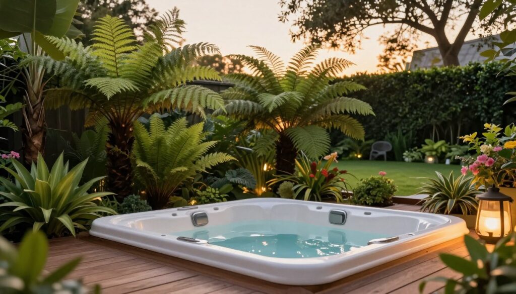 A tranquil garden scene featuring a luxurious jacuzzi surrounded by lush greenery for privacy. In the foreground, the jacuzzi is placed on a wooden deck with soft, ambient lighting creating a warm glow. In the middle, various plants like tall ferns and flowering shrubs create a natural barrier, enhancing the feeling of seclusion. The background showcases ornamental trees and a manicured lawn, contributing to a serene atmosphere. The scene is set during golden hour, with soft sunlight filtering through the leaves, casting gentle shadows. The overall mood is peaceful and inviting, ideal for relaxation. Ensure no people are visible in the image. A tranquil garden scene featuring a luxurious jacuzzi surrounded by lush greenery for privacy. In the foreground, the jacuzzi is placed on a wooden deck with soft, ambient lighting creating a warm glow. In the middle, various plants like tall ferns and flowering shrubs create a natural barrier, enhancing the feeling of seclusion. The background showcases ornamental trees and a manicured lawn, contributing to a serene atmosphere. The scene is set during golden hour, with soft sunlight filtering through the leaves, casting gentle shadows. The overall mood is peaceful and inviting, ideal for relaxation. Ensure no people are visible in the image.