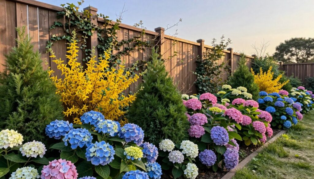 A vibrant and lush garden scene along a decorative fence, showcasing a variety of colorful shrubs and flowering plants. In the foreground, clusters of blooming hydrangeas in shades of blue, pink, and white, interspersed with golden forsythia and dark green evergreen bushes. In the middle ground, the fence, made of wooden slats, is partially covered with climbing vines and small tendrils of ivy, enhancing the natural look. The background features a clear sky with soft, warm sunlight filtering through, casting gentle shadows. The mood is serene and inviting, perfect for a peaceful garden atmosphere. The perspective is slightly elevated, capturing the full expanse of the colorful flower beds along the fence line, emphasizing the beauty of a well-maintained garden. A vibrant and lush garden scene along a decorative fence, showcasing a variety of colorful shrubs and flowering plants. In the foreground, clusters of blooming hydrangeas in shades of blue, pink, and white, interspersed with golden forsythia and dark green evergreen bushes. In the middle ground, the fence, made of wooden slats, is partially covered with climbing vines and small tendrils of ivy, enhancing the natural look. The background features a clear sky with soft, warm sunlight filtering through, casting gentle shadows. The mood is serene and inviting, perfect for a peaceful garden atmosphere. The perspective is slightly elevated, capturing the full expanse of the colorful flower beds along the fence line, emphasizing the beauty of a well-maintained garden.