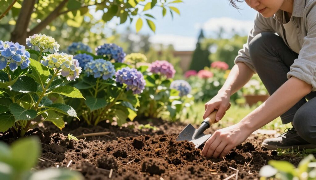 A vibrant garden scene depicting the preparation of soil for hydrangeas. In the foreground, a person wearing modest gardening clothes kneels, using a trowel to mix rich, dark soil with organic compost. Their face shows focus and dedication. In the middle ground, several clumps of lush green plants and colorful hydrangea flowers can be seen, emphasizing the importance of the right soil mixture. Light filters through the leaves of nearby trees, creating a warm and inviting atmosphere. The background features a soft blur of blooming garden flowers and a clear blue sky, suggesting a serene, sunny day. The angle captures the scene from a slightly elevated perspective, highlighting the process of soil preparation effectively. A vibrant garden scene depicting the preparation of soil for hydrangeas. In the foreground, a person wearing modest gardening clothes kneels, using a trowel to mix rich, dark soil with organic compost. Their face shows focus and dedication. In the middle ground, several clumps of lush green plants and colorful hydrangea flowers can be seen, emphasizing the importance of the right soil mixture. Light filters through the leaves of nearby trees, creating a warm and inviting atmosphere. The background features a soft blur of blooming garden flowers and a clear blue sky, suggesting a serene, sunny day. The angle captures the scene from a slightly elevated perspective, highlighting the process of soil preparation effectively.
