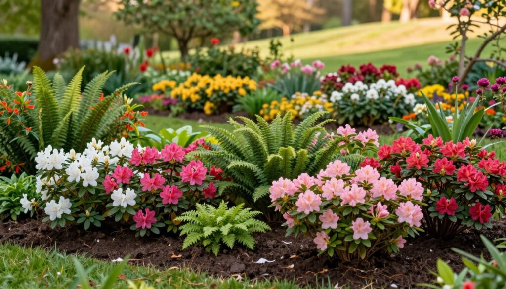 A vibrant garden scene filled with acid-loving plants, including colorful azaleas, rhododendrons, and ferns, thriving in rich, moist, acidic soil. In the foreground, clusters of blooming varieties showcase their vivid colors, creating a striking contrast with lush green foliage. The middle ground features a carefully arranged flower bed, harmoniously blending diverse textures and shapes. A backdrop of softly blurred trees and a gentle hill under soft, warm sunlight enhances the inviting atmosphere. The composition is captured with a shallow depth of field, emphasizing the intricate details of the plants. The overall mood is serene and enchanting, perfect for illustrating a lush, thriving garden dedicated to plants that prefer acidic conditions. A vibrant garden scene filled with acid-loving plants, including colorful azaleas, rhododendrons, and ferns, thriving in rich, moist, acidic soil. In the foreground, clusters of blooming varieties showcase their vivid colors, creating a striking contrast with lush green foliage. The middle ground features a carefully arranged flower bed, harmoniously blending diverse textures and shapes. A backdrop of softly blurred trees and a gentle hill under soft, warm sunlight enhances the inviting atmosphere. The composition is captured with a shallow depth of field, emphasizing the intricate details of the plants. The overall mood is serene and enchanting, perfect for illustrating a lush, thriving garden dedicated to plants that prefer acidic conditions.