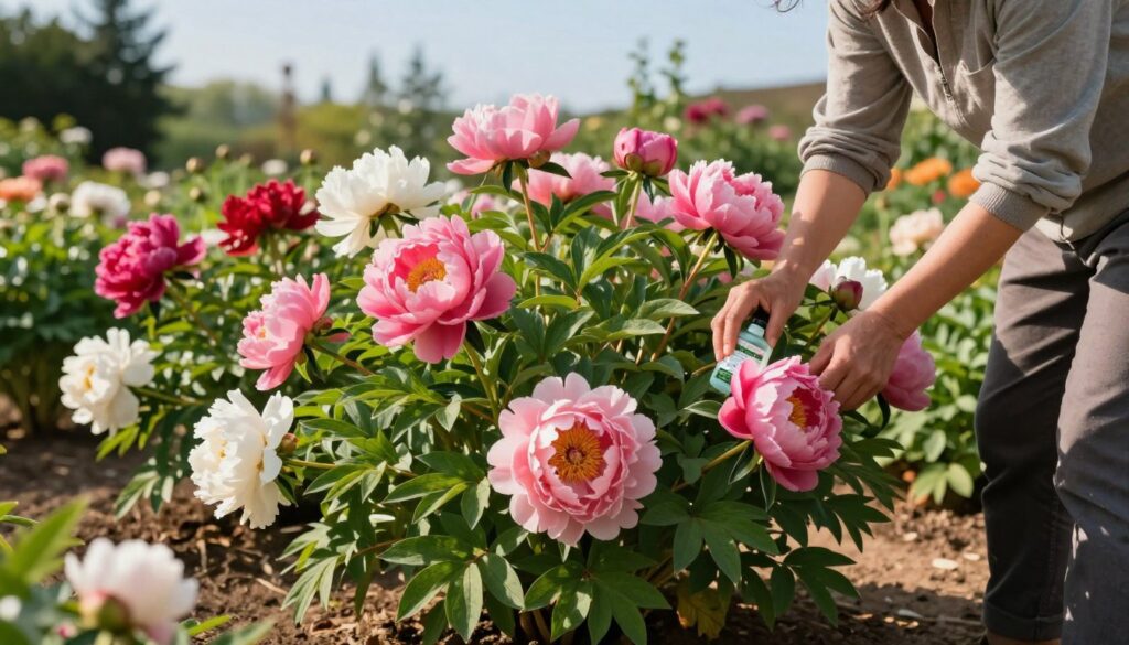 A vibrant garden scene focusing on lush, blooming peonies in various shades of pink, white, and red. In the foreground, a gardener in modest casual clothing is gently applying organic fertilizer around the base of a peony plant, showcasing the act of nurturing the flowers. The middle ground features well-tended rows of peonies, with healthy green foliage contrasting against the colorful blooms. In the background, a soft-focus view of other flowering plants and a clear blue sky enhances the tranquil ambiance. The lighting is warm and inviting, with sunlight filtering through the leaves, creating dappled shadows on the ground. The atmosphere reflects a sense of care and dedication, emphasizing the relationship between fertilization and the quality of the blooms. A vibrant garden scene focusing on lush, blooming peonies in various shades of pink, white, and red. In the foreground, a gardener in modest casual clothing is gently applying organic fertilizer around the base of a peony plant, showcasing the act of nurturing the flowers. The middle ground features well-tended rows of peonies, with healthy green foliage contrasting against the colorful blooms. In the background, a soft-focus view of other flowering plants and a clear blue sky enhances the tranquil ambiance. The lighting is warm and inviting, with sunlight filtering through the leaves, creating dappled shadows on the ground. The atmosphere reflects a sense of care and dedication, emphasizing the relationship between fertilization and the quality of the blooms.