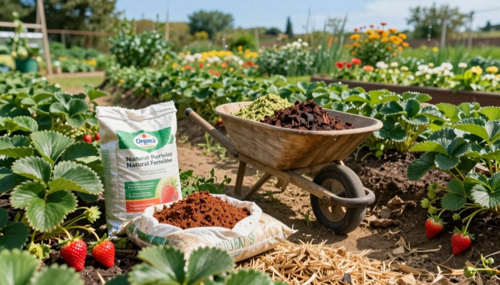 A vibrant garden setting showcasing natural fertilizers for strawberries. In the foreground, display bags of organic compost and mulch scattered around lush strawberry plants, their red fruits glistening in the sunlight. In the middle ground, feature a wooden wheelbarrow filled with nutrient-rich materials like well-rotted manure and green compost. The background should consist of a well-tended vegetable garden, with raised beds and blooming flowers under a clear blue sky. Use soft, natural lighting to highlight the health and vibrancy of the plants, creating a fresh and inviting atmosphere. Capture this scene from a slightly elevated angle to emphasize the layers of the garden, conveying a sense of growth and nourishment.