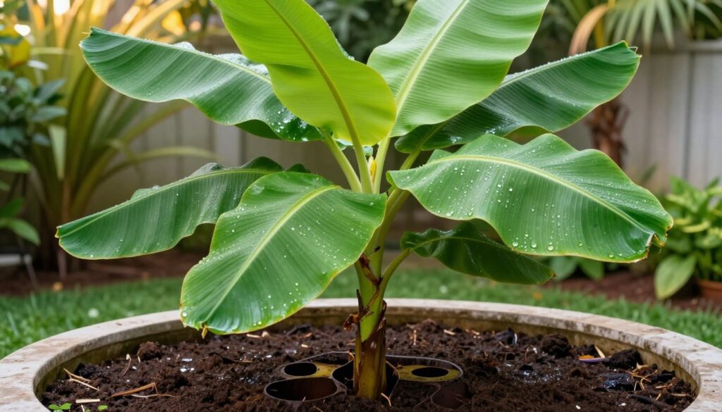 A vibrant, healthy banana plant with large, lush green leaves is the focal point in a beautifully arranged pot. The foreground features the banana plant standing upright, showcasing its thick stem and broad leaves, glistening with morning dew. The middle ground contains the pot, which has visible drainage holes at the bottom, surrounded by rich, dark soil that enhances moisture retention while allowing excess water to drain. In the background, a softly blurred garden setting creates a peaceful atmosphere, with hints of tropical foliage and sunlight filtering through, casting warm, inviting light on the scene. The image should convey a sense of vitality and growth, emphasizing the importance of proper drainage for healthy roots in a strikingly clear composition. A vibrant, healthy banana plant with large, lush green leaves is the focal point in a beautifully arranged pot. The foreground features the banana plant standing upright, showcasing its thick stem and broad leaves, glistening with morning dew. The middle ground contains the pot, which has visible drainage holes at the bottom, surrounded by rich, dark soil that enhances moisture retention while allowing excess water to drain. In the background, a softly blurred garden setting creates a peaceful atmosphere, with hints of tropical foliage and sunlight filtering through, casting warm, inviting light on the scene. The image should convey a sense of vitality and growth, emphasizing the importance of proper drainage for healthy roots in a strikingly clear composition.