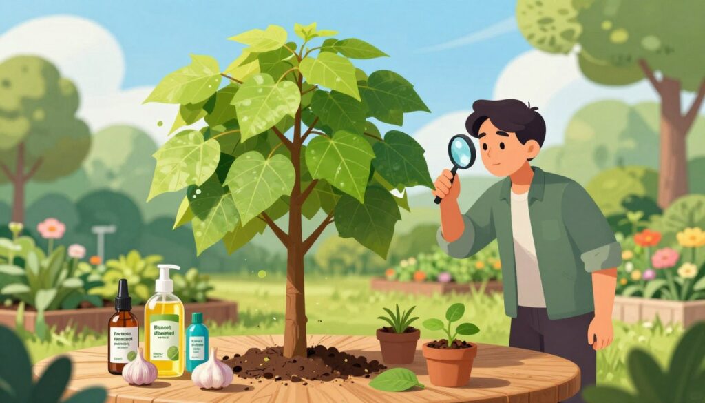 A vibrant illustration depicting a healthy garden focused on "protection against diseases and pests" surrounding a young catalpa tree. In the foreground, the tree stands tall with glossy, lush green leaves and a rich trunk, showcasing its vitality. Surrounding the base, various organic pest deterrents like neem oil, garlic spray, and natural herbicides are artistically arranged on a wooden table. In the middle ground, a gardener, dressed in smart casual attire, inspects the foliage with a magnifying glass, a look of concentration on their face. The background features a sunny, idyllic garden setting with flowers, other trees, and a clear blue sky. Soft, warm lighting enhances the vibrant colors and creates an atmosphere of growth and protection, emphasizing the importance of care in gardening. A vibrant illustration depicting a healthy garden focused on "protection against diseases and pests" surrounding a young catalpa tree. In the foreground, the tree stands tall with glossy, lush green leaves and a rich trunk, showcasing its vitality. Surrounding the base, various organic pest deterrents like neem oil, garlic spray, and natural herbicides are artistically arranged on a wooden table. In the middle ground, a gardener, dressed in smart casual attire, inspects the foliage with a magnifying glass, a look of concentration on their face. The background features a sunny, idyllic garden setting with flowers, other trees, and a clear blue sky. Soft, warm lighting enhances the vibrant colors and creates an atmosphere of growth and protection, emphasizing the importance of care in gardening.