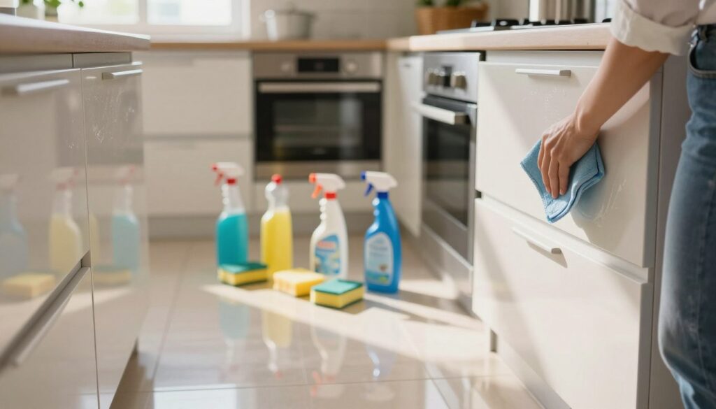 A vibrant kitchen scene showcasing the most common cleaning mistakes. In the foreground, a person in professional attire is using a cloth to clean a shiny cabinet, but smudges are visible on the surface. The middle ground features a variety of cleaning supplies scattered haphazardly, including bottles of cleaners and sponges, with a faint reflection on the polished floor suggesting a busy cleaning activity. In the background, the kitchen equipment is neatly arranged but with some dust evident on the countertop. Soft, natural lighting streams in from a nearby window, casting gentle shadows and creating a warm, inviting atmosphere. The overall mood reflects both the challenge of kitchen cleaning and the importance of proper techniques. A vibrant kitchen scene showcasing the most common cleaning mistakes. In the foreground, a person in professional attire is using a cloth to clean a shiny cabinet, but smudges are visible on the surface. The middle ground features a variety of cleaning supplies scattered haphazardly, including bottles of cleaners and sponges, with a faint reflection on the polished floor suggesting a busy cleaning activity. In the background, the kitchen equipment is neatly arranged but with some dust evident on the countertop. Soft, natural lighting streams in from a nearby window, casting gentle shadows and creating a warm, inviting atmosphere. The overall mood reflects both the challenge of kitchen cleaning and the importance of proper techniques.