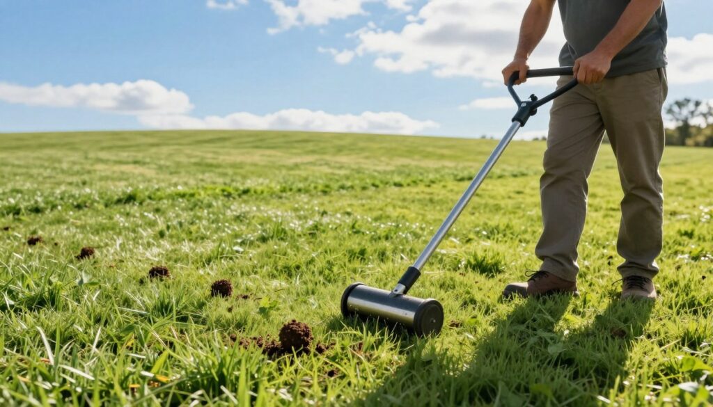 A vibrant landscape showcasing a lush, green lawn being aerated with specialized equipment. In the foreground, a professional gardener in modest casual clothing uses a core aerator, pulling out small plugs of soil, while focusing intently on the task. The middle ground features more areas of the lawn where aeration has occurred, with small soil plugs scattered, indicating the process in progress. The background shows a sunny day with a clear blue sky and a few wispy clouds. The sunlight casts warm, inviting light across the scene, creating gentle shadows. The atmosphere conveys a sense of care and dedication to lawn maintenance, emphasizing the importance of soil aeration for promoting healthy grass growth. A vibrant landscape showcasing a lush, green lawn being aerated with specialized equipment. In the foreground, a professional gardener in modest casual clothing uses a core aerator, pulling out small plugs of soil, while focusing intently on the task. The middle ground features more areas of the lawn where aeration has occurred, with small soil plugs scattered, indicating the process in progress. The background shows a sunny day with a clear blue sky and a few wispy clouds. The sunlight casts warm, inviting light across the scene, creating gentle shadows. The atmosphere conveys a sense of care and dedication to lawn maintenance, emphasizing the importance of soil aeration for promoting healthy grass growth.