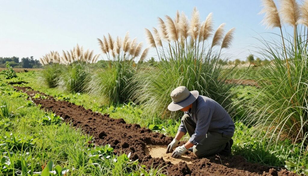 A vibrant landscape showcasing the improvement of soil permeability, centered on a lush green field rich in pampas grass. In the foreground, a gardener kneels, expertly working with soil amendments like compost and sand to enhance drainage, wearing a garden hat and gloves. The middle ground features healthy, tall clumps of pampas grass swaying gently in a soft breeze, with their distinctive feathery plumes catching the sunlight. The background reveals a clear blue sky and a distant tree line, evoking a peaceful, sunny day. Natural sunlight illuminates the scene, casting soft shadows, creating a warm and inviting atmosphere that emphasizes the vitality of healthy soil. The camera angle captures the scene from a slightly elevated perspective to showcase both the gardener's efforts and the beauty of the landscape. A vibrant landscape showcasing the improvement of soil permeability, centered on a lush green field rich in pampas grass. In the foreground, a gardener kneels, expertly working with soil amendments like compost and sand to enhance drainage, wearing a garden hat and gloves. The middle ground features healthy, tall clumps of pampas grass swaying gently in a soft breeze, with their distinctive feathery plumes catching the sunlight. The background reveals a clear blue sky and a distant tree line, evoking a peaceful, sunny day. Natural sunlight illuminates the scene, casting soft shadows, creating a warm and inviting atmosphere that emphasizes the vitality of healthy soil. The camera angle captures the scene from a slightly elevated perspective to showcase both the gardener's efforts and the beauty of the landscape.