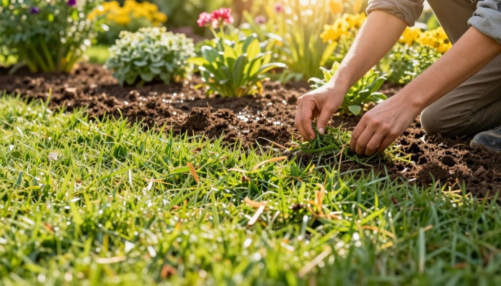 A vibrant, sunlit garden scene showcasing the process of mulching soil. In the foreground, a lush green lawn with recently mulched grass clippings scattered evenly, enriching the soil. A close-up view of a person in modest gardening attire kneeling, gently spreading grass clippings around plants, emphasizing the act of mulching. In the middle ground, fertile soil is visible, richly textured with moisture reflecting sunlight, suggesting enhanced structure and humidity. The background includes a variety of flowering plants and shrubs, bathed in warm, golden light, creating a serene and productive atmosphere. The overall mood is one of harmony with nature, promoting the benefits of mulching in gardening practices. The scene is captured with a soft-focus lens effect, highlighting the detailed textures of the mulch and soil. A vibrant, sunlit garden scene showcasing the process of mulching soil. In the foreground, a lush green lawn with recently mulched grass clippings scattered evenly, enriching the soil. A close-up view of a person in modest gardening attire kneeling, gently spreading grass clippings around plants, emphasizing the act of mulching. In the middle ground, fertile soil is visible, richly textured with moisture reflecting sunlight, suggesting enhanced structure and humidity. The background includes a variety of flowering plants and shrubs, bathed in warm, golden light, creating a serene and productive atmosphere. The overall mood is one of harmony with nature, promoting the benefits of mulching in gardening practices. The scene is captured with a soft-focus lens effect, highlighting the detailed textures of the mulch and soil.