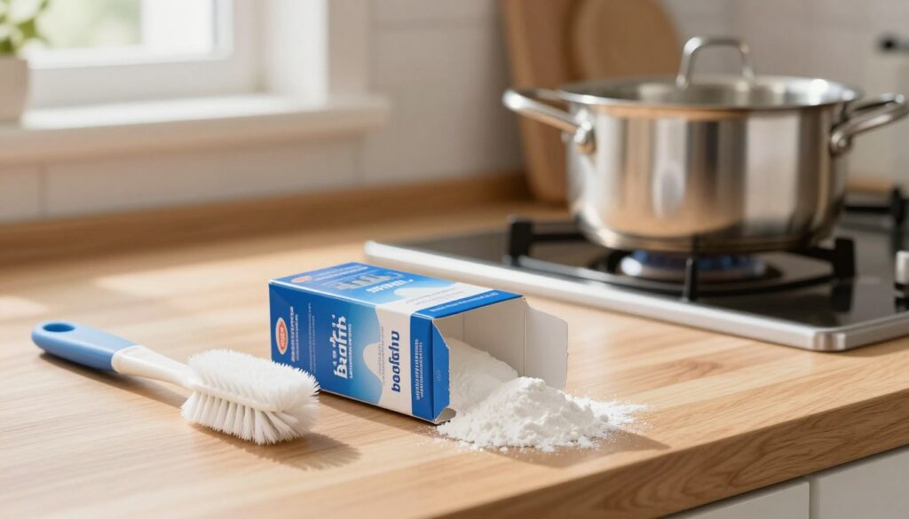 A visually appealing kitchen scene featuring a box of baking soda prominently in the foreground, accompanied by a soft bristle brush and an aluminum pot. The baking soda box should be partially open, with a small mound of powder spilling onto a clean wooden countertop. In the background, a well-lit kitchen space with shiny, clean aluminum cookware, showcasing a practical application of the baking soda. Warm, natural lighting from a nearby window creates a welcoming atmosphere, while the camera angle captures the arrangement from slightly above, emphasizing the cleaning process. The mood should be fresh and inviting, reflecting a sense of home and cleanliness, with no people present in the scene. A visually appealing kitchen scene featuring a box of baking soda prominently in the foreground, accompanied by a soft bristle brush and an aluminum pot. The baking soda box should be partially open, with a small mound of powder spilling onto a clean wooden countertop. In the background, a well-lit kitchen space with shiny, clean aluminum cookware, showcasing a practical application of the baking soda. Warm, natural lighting from a nearby window creates a welcoming atmosphere, while the camera angle captures the arrangement from slightly above, emphasizing the cleaning process. The mood should be fresh and inviting, reflecting a sense of home and cleanliness, with no people present in the scene.