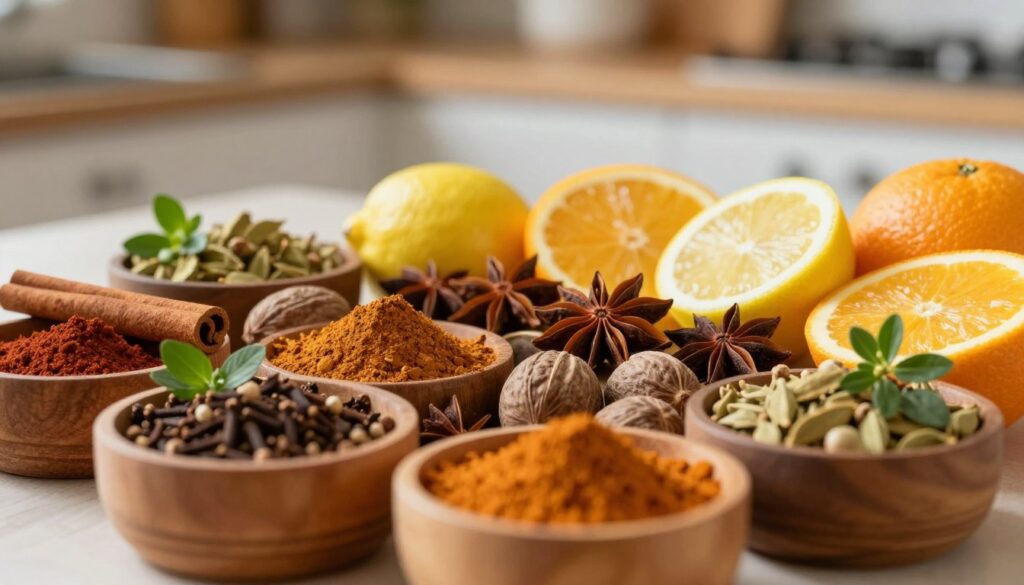 A visually captivating arrangement of spices and citrus fruits, showcasing ground cinnamon, nutmeg, and cloves interspersed with zesty lemon and orange slices. In the foreground, place small wooden bowls filled with colorful spices, elegantly decorated with sprigs of fresh herbs. In the middle ground, display a vibrant assortment of whole spices, including star anise and cardamom pods, blending harmoniously with the bright citrus. The background features a soft, blurred kitchen setting with warm, natural lighting that casts gentle shadows, creating an inviting and cozy atmosphere. Capture the essence of warmth and flavor that these alternative spices can bring to desserts, using a close-up angle with a shallow depth of field to focus on the textures and colors of the ingredients. A visually captivating arrangement of spices and citrus fruits, showcasing ground cinnamon, nutmeg, and cloves interspersed with zesty lemon and orange slices. In the foreground, place small wooden bowls filled with colorful spices, elegantly decorated with sprigs of fresh herbs. In the middle ground, display a vibrant assortment of whole spices, including star anise and cardamom pods, blending harmoniously with the bright citrus. The background features a soft, blurred kitchen setting with warm, natural lighting that casts gentle shadows, creating an inviting and cozy atmosphere. Capture the essence of warmth and flavor that these alternative spices can bring to desserts, using a close-up angle with a shallow depth of field to focus on the textures and colors of the ingredients.