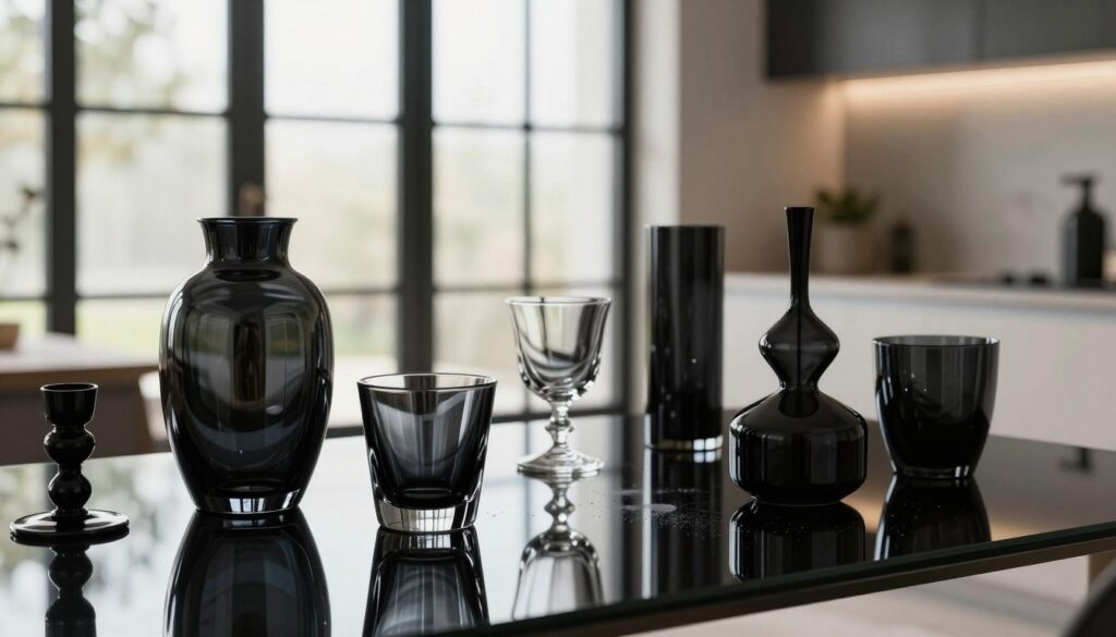 A visually striking composition showcasing various types of black glass products, including sleek glassware, stylish decor items, and elegant window panels. In the foreground, feature a shiny black glass vase and a crystal-clear drinking glass reflecting light. The middle section should highlight a black glass tabletop, complemented by artistic decor and subtle fingerprints that suggest the need for cleaning. The background can include a modern kitchen with large black glass windows, allowing soft, natural light to illuminate the scene, creating a warm and inviting atmosphere. Use a shallow depth of field to emphasize the glass items, portraying them in high detail with a professional lens effect. Emphasize clarity and reflection, capturing the essence of caring for black glass surfaces. A visually striking composition showcasing various types of black glass products, including sleek glassware, stylish decor items, and elegant window panels. In the foreground, feature a shiny black glass vase and a crystal-clear drinking glass reflecting light. The middle section should highlight a black glass tabletop, complemented by artistic decor and subtle fingerprints that suggest the need for cleaning. The background can include a modern kitchen with large black glass windows, allowing soft, natural light to illuminate the scene, creating a warm and inviting atmosphere. Use a shallow depth of field to emphasize the glass items, portraying them in high detail with a professional lens effect. Emphasize clarity and reflection, capturing the essence of caring for black glass surfaces.