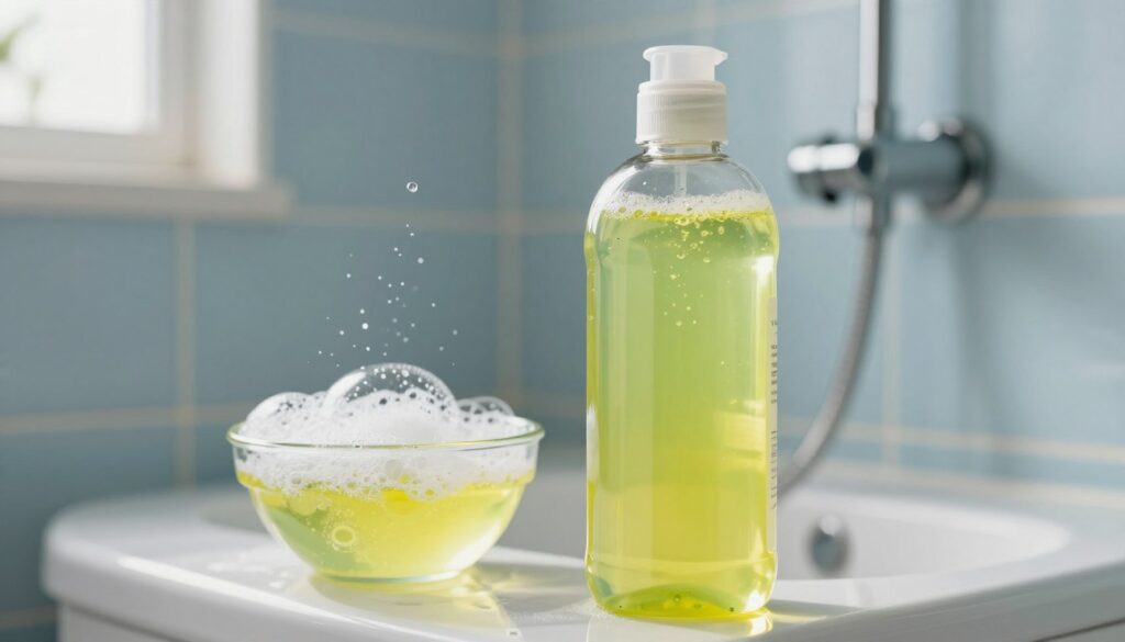 A visually striking image showcasing a home cleaning mixture of dish soap and vinegar in a clear glass bottle, prominently displayed in the foreground. The bottle should be filled halfway with a vibrant yellow-green liquid, and there should be a label indicating its purpose, although no text is visible. In the middle ground, include a small bowl with soap bubbles and a sparkling clean showerhead, suggesting the effectiveness of the mixture. The background features a soft-focus bathroom with light-blue tiles, giving an impression of freshness. Natural light filters through a window, creating shadows and reflections that evoke a clean, inviting atmosphere. The overall mood is one of cleanliness and DIY efficiency, focusing on simple home remedies for cleaning shower surfaces. A visually striking image showcasing a home cleaning mixture of dish soap and vinegar in a clear glass bottle, prominently displayed in the foreground. The bottle should be filled halfway with a vibrant yellow-green liquid, and there should be a label indicating its purpose, although no text is visible. In the middle ground, include a small bowl with soap bubbles and a sparkling clean showerhead, suggesting the effectiveness of the mixture. The background features a soft-focus bathroom with light-blue tiles, giving an impression of freshness. Natural light filters through a window, creating shadows and reflections that evoke a clean, inviting atmosphere. The overall mood is one of cleanliness and DIY efficiency, focusing on simple home remedies for cleaning shower surfaces.