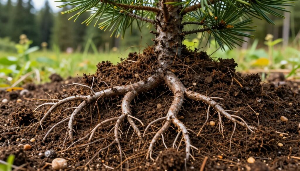 A vivid close-up view of healthy pine and fir tree roots entwined in rich, dark soil, showcasing the intricate network of roots that support these coniferous plants. The soil features warm tones of brown, with tiny pebbles and organic matter visible, reflecting its nutrient-rich quality. In the background, a soft-focus of a lush green landscape with dense conifer forests bathed in gentle sunlight, highlighting the beauty of nature. The image captures a serene atmosphere, emphasizing the importance of healthy soil for igneous plants. Use a natural, diffused lighting to create depth and contrast, with a macro lens angle that highlights the texture of the soil and roots, ensuring the focus remains on the soil properties vital for evergreen health. A vivid close-up view of healthy pine and fir tree roots entwined in rich, dark soil, showcasing the intricate network of roots that support these coniferous plants. The soil features warm tones of brown, with tiny pebbles and organic matter visible, reflecting its nutrient-rich quality. In the background, a soft-focus of a lush green landscape with dense conifer forests bathed in gentle sunlight, highlighting the beauty of nature. The image captures a serene atmosphere, emphasizing the importance of healthy soil for igneous plants. Use a natural, diffused lighting to create depth and contrast, with a macro lens angle that highlights the texture of the soil and roots, ensuring the focus remains on the soil properties vital for evergreen health.