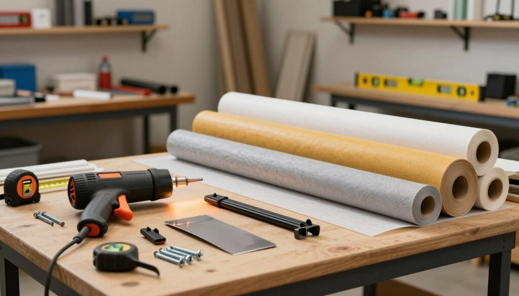 A well-arranged array of ceiling stretch installation materials showcased on a workbench, featuring tools such as a heat gun, spatula, tensioning clips, and stretch ceiling fabric rolls. In the foreground, the heat gun emits a soft glow, highlighting the materials with a focus on their textures. In the middle ground, the workbench is cluttered with additional supplies like measuring tape, screws, and a level, creating a sense of preparation. The background is a softly lit workspace, perhaps a garage or workshop with shelves containing additional equipment and tools organized neatly. The atmosphere is professional yet inviting, with warm lighting that enhances the colors of the materials, suggesting an atmosphere of creativity and DIY spirit, perfect for aspiring ceiling installers. A well-arranged array of ceiling stretch installation materials showcased on a workbench, featuring tools such as a heat gun, spatula, tensioning clips, and stretch ceiling fabric rolls. In the foreground, the heat gun emits a soft glow, highlighting the materials with a focus on their textures. In the middle ground, the workbench is cluttered with additional supplies like measuring tape, screws, and a level, creating a sense of preparation. The background is a softly lit workspace, perhaps a garage or workshop with shelves containing additional equipment and tools organized neatly. The atmosphere is professional yet inviting, with warm lighting that enhances the colors of the materials, suggesting an atmosphere of creativity and DIY spirit, perfect for aspiring ceiling installers.