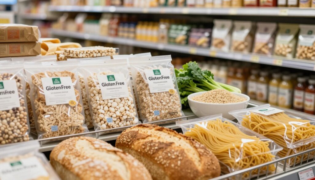 A well-arranged display of gluten-containing processed foods such as bread, pasta, and snacks occupies the foreground, showcasing their textures and packaging. In the middle ground, a contrasting image of fresh, gluten-free alternatives like rice cakes, quinoa bowls, and vegetables appears, highlighting the distinction. The background features a blurred grocery shelf filled with various processed items, emphasizing the need for cautious selection. Soft, natural lighting casts subtle shadows, creating warmth and inviting clarity to the arrangement. The atmosphere is informative yet engaging, visually communicating the importance of being aware of gluten in processed foods, especially for those on a gluten-free diet. The perspective should resemble a slightly elevated angle, allowing a comprehensive view of the items. A well-arranged display of gluten-containing processed foods such as bread, pasta, and snacks occupies the foreground, showcasing their textures and packaging. In the middle ground, a contrasting image of fresh, gluten-free alternatives like rice cakes, quinoa bowls, and vegetables appears, highlighting the distinction. The background features a blurred grocery shelf filled with various processed items, emphasizing the need for cautious selection. Soft, natural lighting casts subtle shadows, creating warmth and inviting clarity to the arrangement. The atmosphere is informative yet engaging, visually communicating the importance of being aware of gluten in processed foods, especially for those on a gluten-free diet. The perspective should resemble a slightly elevated angle, allowing a comprehensive view of the items.