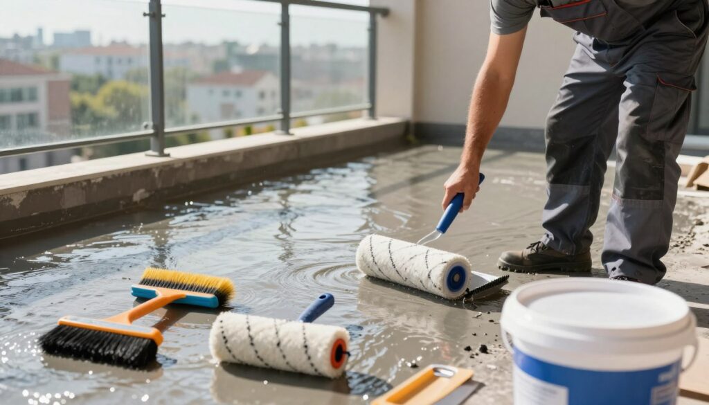 A well-constructed balcony showcasing the process of hydro insulation, featuring a close-up of a worker in professional attire applying a waterproof membrane. In the foreground, tools like brushes, rollers, and buckets of liquid waterproofing are neatly arranged, emphasizing the meticulous nature of the task. The middle ground presents the partially finished balcony, with the waterproof layer glistening under natural sunlight, showcasing its smooth texture. In the background, a serene cityscape can be seen, providing context to the urban environment. The lighting is bright and warm, highlighting the details of the materials used. The overall mood conveys professionalism and diligence, portraying a successful step in balcony renovation while ensuring proper waterproofing techniques are being showcased. A well-constructed balcony showcasing the process of hydro insulation, featuring a close-up of a worker in professional attire applying a waterproof membrane. In the foreground, tools like brushes, rollers, and buckets of liquid waterproofing are neatly arranged, emphasizing the meticulous nature of the task. The middle ground presents the partially finished balcony, with the waterproof layer glistening under natural sunlight, showcasing its smooth texture. In the background, a serene cityscape can be seen, providing context to the urban environment. The lighting is bright and warm, highlighting the details of the materials used. The overall mood conveys professionalism and diligence, portraying a successful step in balcony renovation while ensuring proper waterproofing techniques are being showcased.
