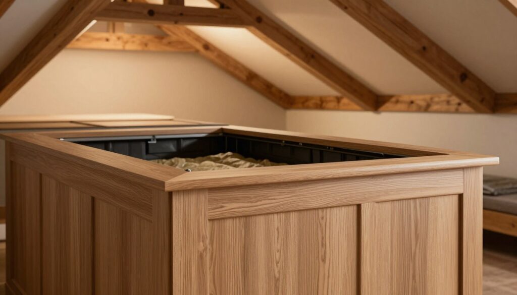 A well-designed attic hatch surrounded by an aesthetically pleasing finish. In the foreground, focus on high-quality finishing materials like wood paneling and elegant paint, showcasing intricate patterns and textures. In the middle ground, display the attic entrance with a subtle blend of functionality and style, highlighting its insulation features. The background features a serene, softly lit attic space with wooden beams and ambient lighting, creating a warm and inviting atmosphere. Capture the scene from a slightly elevated angle to emphasize design details and craftsmanship. The lighting should be warm and inviting, evoking a sense of comfort and style. Ensure the overall mood is professional and sophisticated, perfect for illustrating the selection of finishing materials. A well-designed attic hatch surrounded by an aesthetically pleasing finish. In the foreground, focus on high-quality finishing materials like wood paneling and elegant paint, showcasing intricate patterns and textures. In the middle ground, display the attic entrance with a subtle blend of functionality and style, highlighting its insulation features. The background features a serene, softly lit attic space with wooden beams and ambient lighting, creating a warm and inviting atmosphere. Capture the scene from a slightly elevated angle to emphasize design details and craftsmanship. The lighting should be warm and inviting, evoking a sense of comfort and style. Ensure the overall mood is professional and sophisticated, perfect for illustrating the selection of finishing materials.