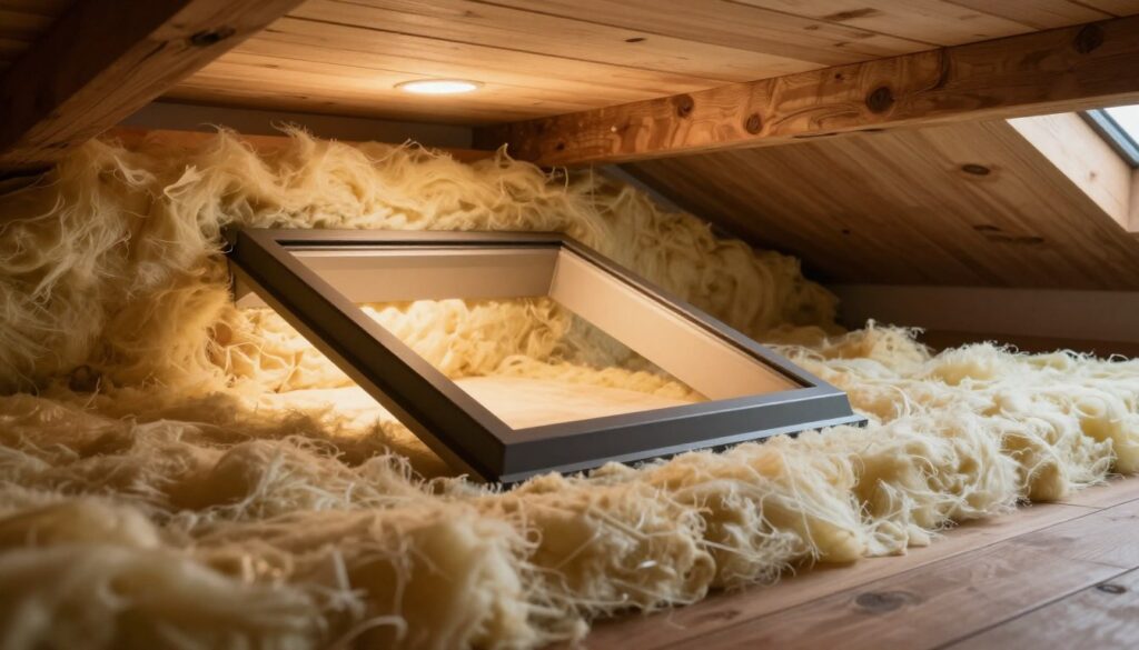 A well-designed attic hatch surrounded by insulation material, showcasing the importance of thermal insulation in a home. In the foreground, a sleek, modern hatch blends seamlessly into a wooden ceiling, with warm, ambient lighting highlighting its contours. The middle ground features clear layers of insulation, such as foam and fiberglass, emphasizing their role in energy efficiency. The background includes a glimpse of an attic space, showing rustic beams and soft shadows created by soft overhead light. The mood is serene yet purposeful, conveying a sense of warmth and comfort. The focus is on the aesthetic harmony of the hatch and the functionality of the insulation, inviting the viewer to appreciate the balance of design and efficiency. A well-designed attic hatch surrounded by insulation material, showcasing the importance of thermal insulation in a home. In the foreground, a sleek, modern hatch blends seamlessly into a wooden ceiling, with warm, ambient lighting highlighting its contours. The middle ground features clear layers of insulation, such as foam and fiberglass, emphasizing their role in energy efficiency. The background includes a glimpse of an attic space, showing rustic beams and soft shadows created by soft overhead light. The mood is serene yet purposeful, conveying a sense of warmth and comfort. The focus is on the aesthetic harmony of the hatch and the functionality of the insulation, inviting the viewer to appreciate the balance of design and efficiency.