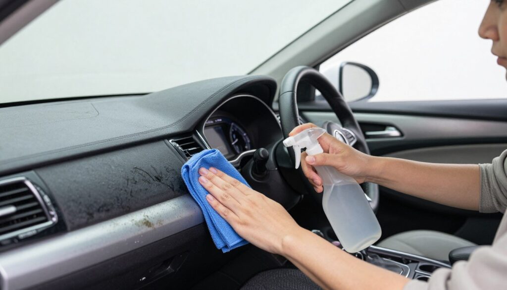 A well-lit car cockpit interior being meticulously cleaned, focusing on plastic surfaces showing dust and greasy stains. The foreground features a professional cleaner in modest casual clothing, using a microfiber cloth and a specialized dashboard cleaner spray to wipe down the dashboard and control panel. In the middle layer, the gleaming steering wheel and infotainment screen reflect the ambient light, while the background shows modern car design elements like a sleek rearview mirror and ambient lighting. The lighting is bright and natural, creating a fresh and inviting atmosphere, emphasizing cleanliness and attention to detail. The image captures a step-by-step cleaning process, inviting viewers to visualize proper techniques for maintaining a pristine vehicle interior. A well-lit car cockpit interior being meticulously cleaned, focusing on plastic surfaces showing dust and greasy stains. The foreground features a professional cleaner in modest casual clothing, using a microfiber cloth and a specialized dashboard cleaner spray to wipe down the dashboard and control panel. In the middle layer, the gleaming steering wheel and infotainment screen reflect the ambient light, while the background shows modern car design elements like a sleek rearview mirror and ambient lighting. The lighting is bright and natural, creating a fresh and inviting atmosphere, emphasizing cleanliness and attention to detail. The image captures a step-by-step cleaning process, inviting viewers to visualize proper techniques for maintaining a pristine vehicle interior.