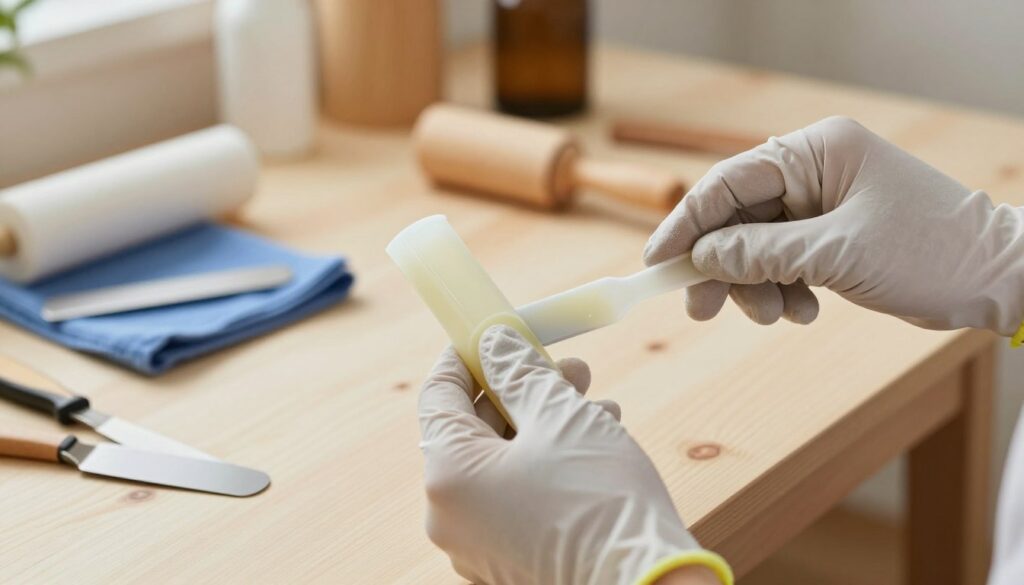A well-lit, close-up shot of a silicone joint being smoothed out with home tools. In the foreground, a pair of hands, clad in modest casual gloves, carefully holds a small plastic scraper, expertly gliding it over a freshly applied line of silicone sealant. The middle ground showcases a compact worktable scattered with various household smoothing tools like a spatula, a wet cloth, and a rolling pin, demonstrating precision in home improvement. The background is softly blurred, revealing a cozy, well-organized workspace with warm lighting, creating an inviting atmosphere for DIY enthusiasts. The focus is sharp on the smoothing action, capturing the technique and details of silicone application, evoking a sense of care and craftsmanship.