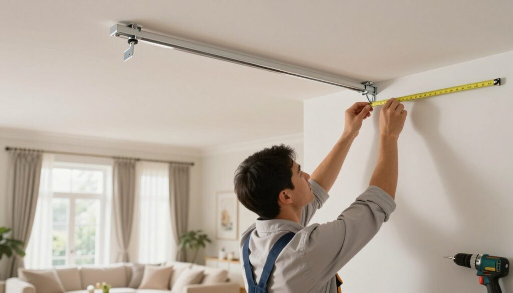 A well-lit indoor space showcasing the step-by-step process of installing a ceiling curtain rod. In the foreground, a professional-looking individual in a neat work shirt, focused on measuring and marking the wall, surrounded by tools like a level, tape measure, and drill. The middle ground features the installation of a sleek, modern curtain rod, with brackets being secured to the ceiling. The background displays a stylish living room with elegant window treatments, soft natural light streaming in, and a neutral color palette that enhances the atmosphere of home improvement. The image should convey a sense of precision, stability, and aesthetic appeal, emphasizing craftsmanship in home decor. A well-lit indoor space showcasing the step-by-step process of installing a ceiling curtain rod. In the foreground, a professional-looking individual in a neat work shirt, focused on measuring and marking the wall, surrounded by tools like a level, tape measure, and drill. The middle ground features the installation of a sleek, modern curtain rod, with brackets being secured to the ceiling. The background displays a stylish living room with elegant window treatments, soft natural light streaming in, and a neutral color palette that enhances the atmosphere of home improvement. The image should convey a sense of precision, stability, and aesthetic appeal, emphasizing craftsmanship in home decor.