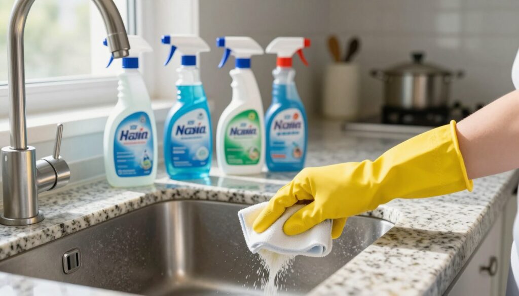 A well-lit kitchen featuring a pristine granite sink in the foreground, being cleaned with professional-grade cleaning supplies. The focus is on a pair of hands, wearing yellow rubber gloves, gently scrubbing the sink with a soft cloth, showcasing the removal of stains and streaks. In the middle ground, a neatly arranged array of cleaning products, such as sprays and polishes, emphasizing their effectiveness for granite surfaces. The background reveals a bright, airy kitchen with sunlight streaming through a window, illuminating the scene and creating a clean, inviting atmosphere. The overall mood is fresh and professional, conveying the care needed for maintaining the beauty of granite fixtures. A well-lit kitchen featuring a pristine granite sink in the foreground, being cleaned with professional-grade cleaning supplies. The focus is on a pair of hands, wearing yellow rubber gloves, gently scrubbing the sink with a soft cloth, showcasing the removal of stains and streaks. In the middle ground, a neatly arranged array of cleaning products, such as sprays and polishes, emphasizing their effectiveness for granite surfaces. The background reveals a bright, airy kitchen with sunlight streaming through a window, illuminating the scene and creating a clean, inviting atmosphere. The overall mood is fresh and professional, conveying the care needed for maintaining the beauty of granite fixtures.