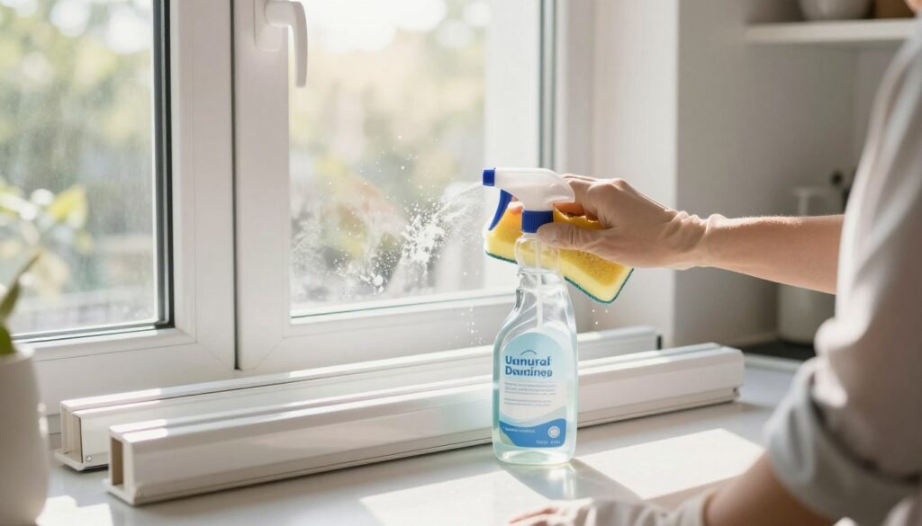 A well-lit kitchen scene focused on a set of white PVC window frames being cleaned. In the foreground, a person wearing a casual shirt and gloves is using a sponge to apply a homemade cleaning solution, made from natural ingredients like vinegar and baking soda, to remove dirt and stains from the window frames. The middle layer features the gleaming white frames, emphasizing their restoration to pristine condition, with splashes of cleaning solution adding a dynamic element. In the background, bright sunlight streams through the windows, illuminating the scene and adding warmth. Include light reflections on the frames to enhance the clean and fresh atmosphere, creating a sense of satisfaction and accomplishment in maintaining home cleanliness. A well-lit kitchen scene focused on a set of white PVC window frames being cleaned. In the foreground, a person wearing a casual shirt and gloves is using a sponge to apply a homemade cleaning solution, made from natural ingredients like vinegar and baking soda, to remove dirt and stains from the window frames. The middle layer features the gleaming white frames, emphasizing their restoration to pristine condition, with splashes of cleaning solution adding a dynamic element. In the background, bright sunlight streams through the windows, illuminating the scene and adding warmth. Include light reflections on the frames to enhance the clean and fresh atmosphere, creating a sense of satisfaction and accomplishment in maintaining home cleanliness.