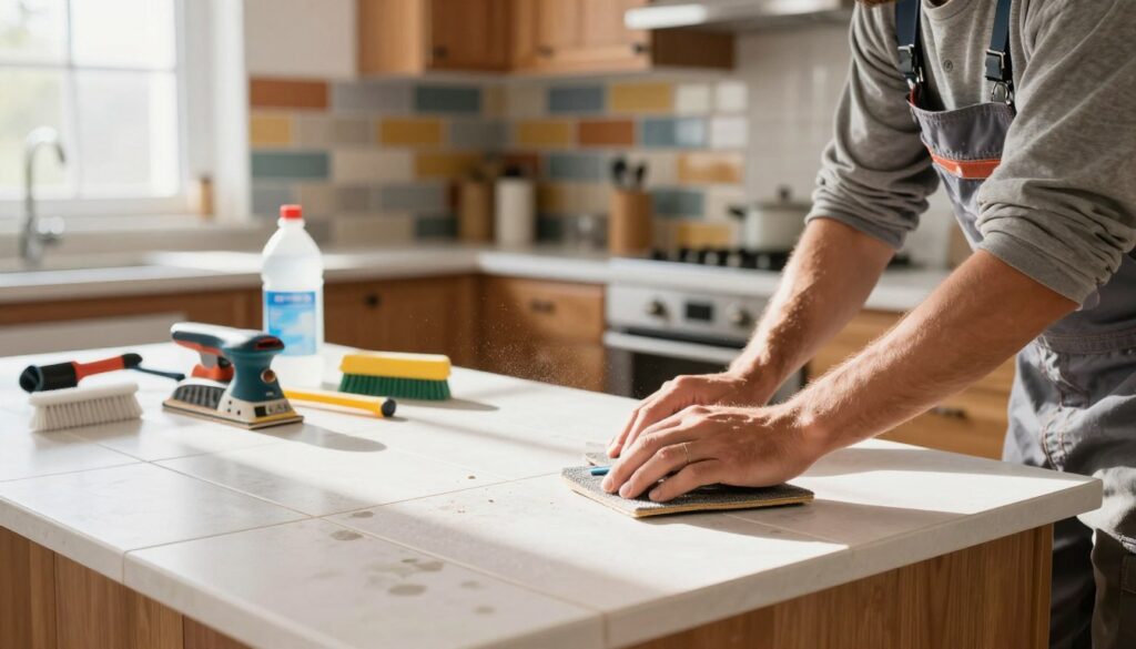 A well-lit kitchen scene focused on surface preparation for new countertop installation. In the foreground, a professional handyman in modest work attire meticulously cleans and sands down old tiles, dust particles visible in the bright, natural light streaming through a window. The middle ground shows various tools like sanders, brushes, and cleaning supplies organized neatly, emphasizing readiness for the task. The background features a modern kitchen with wooden cabinets and vibrant backsplash tiles, slightly blurred to enhance depth. The overall atmosphere is one of industriousness and transformation, capturing the essence of making subtle yet impactful changes without a full renovation. A well-lit kitchen scene focused on surface preparation for new countertop installation. In the foreground, a professional handyman in modest work attire meticulously cleans and sands down old tiles, dust particles visible in the bright, natural light streaming through a window. The middle ground shows various tools like sanders, brushes, and cleaning supplies organized neatly, emphasizing readiness for the task. The background features a modern kitchen with wooden cabinets and vibrant backsplash tiles, slightly blurred to enhance depth. The overall atmosphere is one of industriousness and transformation, capturing the essence of making subtle yet impactful changes without a full renovation.