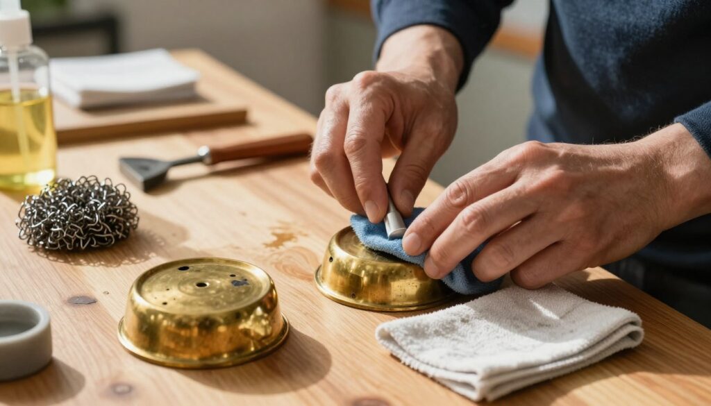 A well-lit scene focusing on common mistakes made while cleaning brass items. In the foreground, a tarnished brass object, partially polished, with smudges and scratches visible. A cleaning cloth, stained with an inappropriate cleaning product, lies next to it. In the middle ground, a pair of hands, dressed in professional attire, hesitantly apply a harsh chemical, demonstrating a common error. Various cleaning tools, such as steel wool and abrasive pads, scatter around. The background features a cluttered workbench with a warm wooden texture. Soft, natural light streams in from the left, creating shadows that add depth. The atmosphere conveys a sense of caution, highlighting the importance of proper brass care techniques, while emphasizing the risks of poor cleaning methods. A well-lit scene focusing on common mistakes made while cleaning brass items. In the foreground, a tarnished brass object, partially polished, with smudges and scratches visible. A cleaning cloth, stained with an inappropriate cleaning product, lies next to it. In the middle ground, a pair of hands, dressed in professional attire, hesitantly apply a harsh chemical, demonstrating a common error. Various cleaning tools, such as steel wool and abrasive pads, scatter around. The background features a cluttered workbench with a warm wooden texture. Soft, natural light streams in from the left, creating shadows that add depth. The atmosphere conveys a sense of caution, highlighting the importance of proper brass care techniques, while emphasizing the risks of poor cleaning methods.