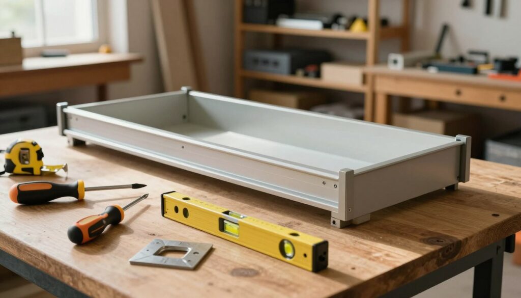 A well-lit workshop setting featuring essential tools for installing drawer rail guides. In the foreground, a neatly arranged set of tools, including a screwdriver, tape measure, level, and a square, placed on a wooden workbench. The middle section showcases a partially assembled drawer with rail guides secured, emphasizing their functionality. In the background, shelves filled with additional hardware and materials, creating a sense of organized chaos typical of a busy workspace. Soft natural light filters in from a nearby window, casting subtle shadows and enhancing the workshop's warm, inviting atmosphere. The image should evoke a sense of productivity and craftsmanship, ideal for illustrating the necessary tools for drawer rail installation.