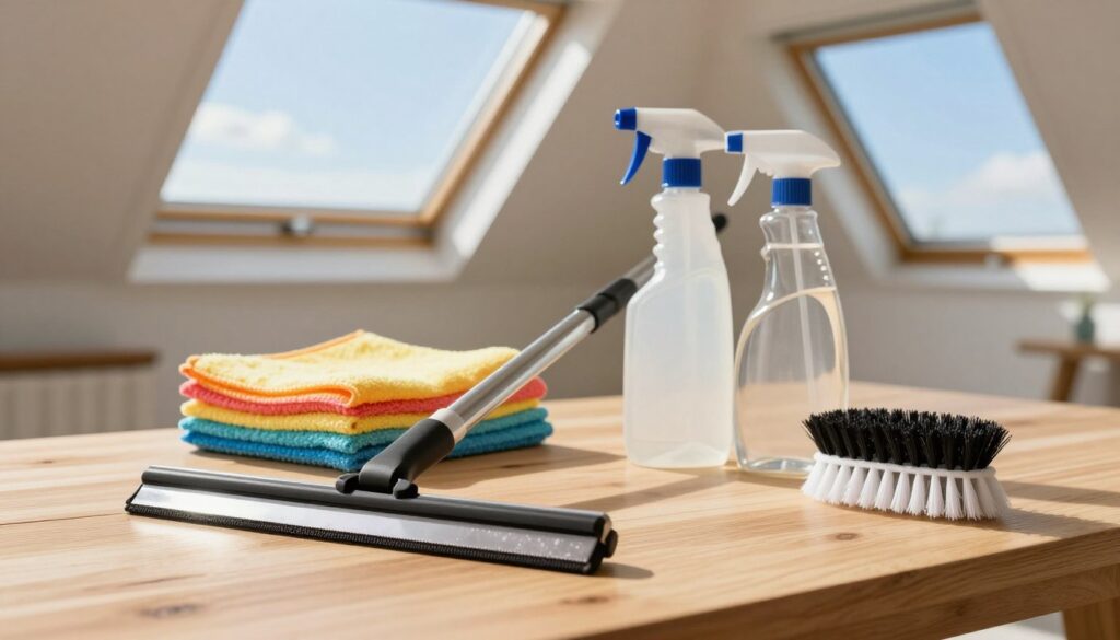 A well-organized assortment of window cleaning accessories neatly arranged on a light wooden table, featuring an extendable squeegee, a microfiber cloth, a window cleaning solution spray bottle, and a scrub brush. In the foreground, the squeegee with its gleaming rubber blade catches reflective light, showcasing cleanliness. The middle layer includes the colorful microfiber cloths in various hues, adding a vibrant touch. In the background, a sunlit attic with slanted windows showcases a blue sky peeking through, creating an airy and fresh atmosphere. The scene is illuminated by warm natural light streaming through the windows. The composition evokes a sense of efficiency and readiness for window cleaning tasks, ideal for maintaining rooftop windows. A well-organized assortment of window cleaning accessories neatly arranged on a light wooden table, featuring an extendable squeegee, a microfiber cloth, a window cleaning solution spray bottle, and a scrub brush. In the foreground, the squeegee with its gleaming rubber blade catches reflective light, showcasing cleanliness. The middle layer includes the colorful microfiber cloths in various hues, adding a vibrant touch. In the background, a sunlit attic with slanted windows showcases a blue sky peeking through, creating an airy and fresh atmosphere. The scene is illuminated by warm natural light streaming through the windows. The composition evokes a sense of efficiency and readiness for window cleaning tasks, ideal for maintaining rooftop windows.