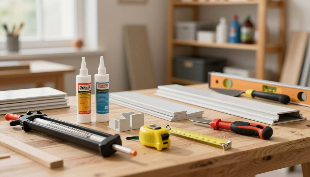 A well-organized display of essential tools and accessories for installing PVC skirting boards, arranged on a wooden workbench. In the foreground, showcase a high-quality caulking gun, adhesive tubes, a measuring tape, a utility knife, and a leveling tool. The middle ground includes neatly arranged corner blocks and a trowel. In the background, a soft-focused workshop with wooden shelves filled with various supplies, illuminated by warm, natural light coming from a nearby window. Use a shallow depth of field to keep the tools in sharp focus while softly blurring the background. The atmosphere should evoke a sense of craftsmanship and preparation, ideal for a DIY home improvement project. A well-organized display of essential tools and accessories for installing PVC skirting boards, arranged on a wooden workbench. In the foreground, showcase a high-quality caulking gun, adhesive tubes, a measuring tape, a utility knife, and a leveling tool. The middle ground includes neatly arranged corner blocks and a trowel. In the background, a soft-focused workshop with wooden shelves filled with various supplies, illuminated by warm, natural light coming from a nearby window. Use a shallow depth of field to keep the tools in sharp focus while softly blurring the background. The atmosphere should evoke a sense of craftsmanship and preparation, ideal for a DIY home improvement project.