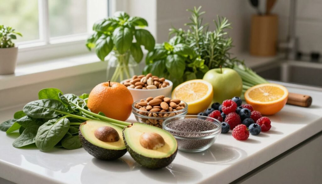A well-organized kitchen countertop showcasing a variety of healthy foods that support hair growth. In the foreground, an array of vibrant fruits and vegetables, such as avocados, spinach, and berries, artfully arranged. In the middle ground, bowls of nuts and seeds, including almonds and chia seeds, add texture and interest. The background features a soft-focus herb garden with fresh basil, rosemary, and other greens. The lighting is bright and natural, coming from a window, casting gentle shadows and enhancing the colors. Use a wide-angle lens to capture the entire scene, creating an inviting and wholesome atmosphere that emphasizes the importance of diet in maintaining healthy brows and overall well-being. A well-organized kitchen countertop showcasing a variety of healthy foods that support hair growth. In the foreground, an array of vibrant fruits and vegetables, such as avocados, spinach, and berries, artfully arranged. In the middle ground, bowls of nuts and seeds, including almonds and chia seeds, add texture and interest. The background features a soft-focus herb garden with fresh basil, rosemary, and other greens. The lighting is bright and natural, coming from a window, casting gentle shadows and enhancing the colors. Use a wide-angle lens to capture the entire scene, creating an inviting and wholesome atmosphere that emphasizes the importance of diet in maintaining healthy brows and overall well-being.