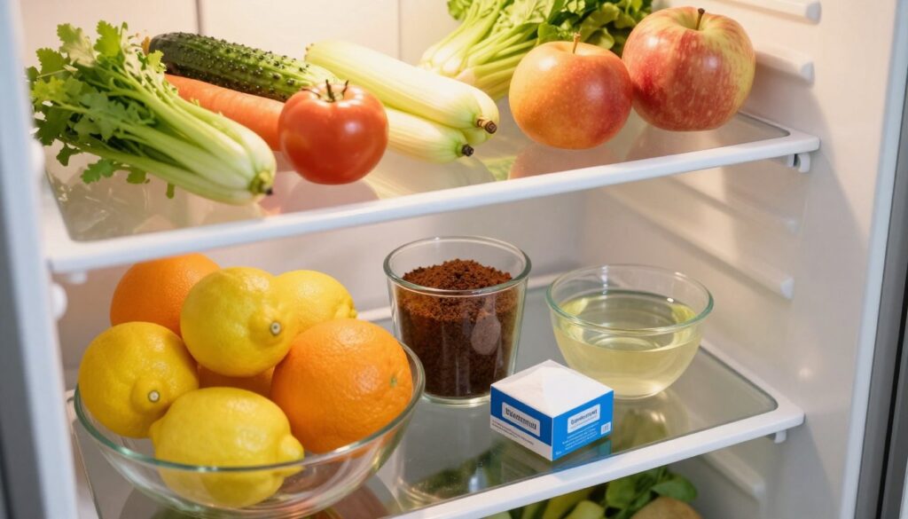A well-organized refrigerator interior, showcasing various natural odor-neutralizing items. In the foreground, a citrus fruit bowl with lemons and oranges, alongside a box of baking soda. In the middle, a clear glass container filled with coffee grounds, and a small bowl of vinegar. The background features neatly arranged shelves with colorful vegetables and fruits, creating an inviting and fresh atmosphere. Soft, warm lighting illuminates the scene, highlighting the freshness of the ingredients. The angle is slightly from above, offering a clear view into the fridge, while creating an airy and hygienic mood, symbolizing cleanliness and odor removal in the home. A well-organized refrigerator interior, showcasing various natural odor-neutralizing items. In the foreground, a citrus fruit bowl with lemons and oranges, alongside a box of baking soda. In the middle, a clear glass container filled with coffee grounds, and a small bowl of vinegar. The background features neatly arranged shelves with colorful vegetables and fruits, creating an inviting and fresh atmosphere. Soft, warm lighting illuminates the scene, highlighting the freshness of the ingredients. The angle is slightly from above, offering a clear view into the fridge, while creating an airy and hygienic mood, symbolizing cleanliness and odor removal in the home.