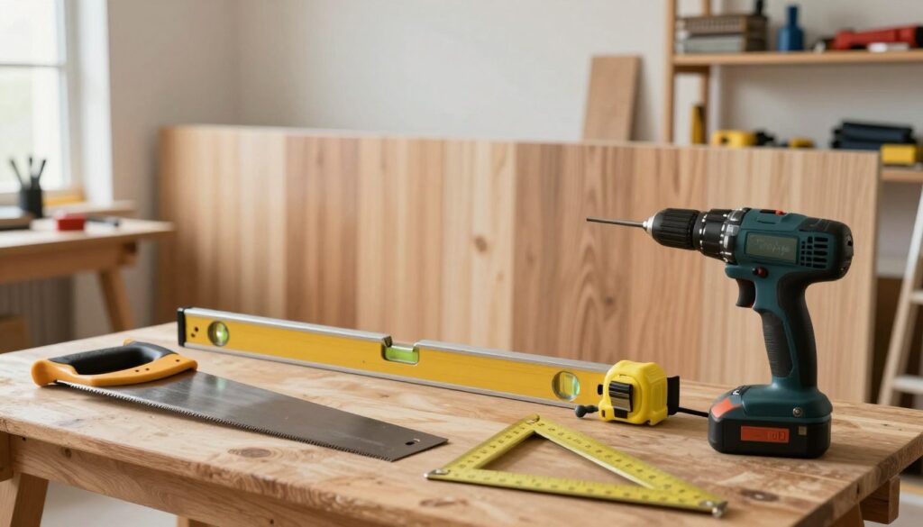 A well-organized workshop scene featuring essential tools for wooden wall paneling installation. In the foreground, there are a variety of tools: a handsaw, a level, a measuring tape, a framing square, and a high-quality electric drill, all meticulously arranged on a wooden workbench. The middle ground showcases a partially completed wall adorned with modern wooden paneling, highlighting clean lines and a contemporary aesthetic. In the background, shelves are stocked with additional tools and materials, softly illuminated by warm, natural light filtering through a nearby window. The atmosphere conveys a sense of professionalism and craftsmanship, inviting the viewer into a productive work environment focused on creating stylish, durable wooden interiors. The composition is shot from a slightly elevated angle, enhancing depth and detail. A well-organized workshop scene featuring essential tools for wooden wall paneling installation. In the foreground, there are a variety of tools: a handsaw, a level, a measuring tape, a framing square, and a high-quality electric drill, all meticulously arranged on a wooden workbench. The middle ground showcases a partially completed wall adorned with modern wooden paneling, highlighting clean lines and a contemporary aesthetic. In the background, shelves are stocked with additional tools and materials, softly illuminated by warm, natural light filtering through a nearby window. The atmosphere conveys a sense of professionalism and craftsmanship, inviting the viewer into a productive work environment focused on creating stylish, durable wooden interiors. The composition is shot from a slightly elevated angle, enhancing depth and detail.