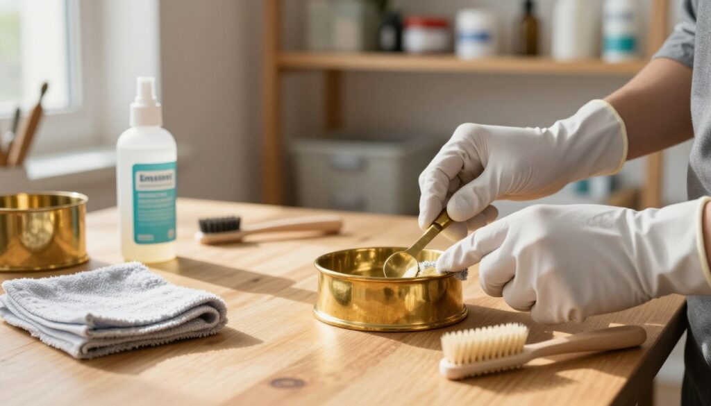 A well-organized workspace for cleaning brass, featuring a bright and inviting atmosphere. In the foreground, a polished brass item shines, partially surrounded by cleaning accessories: a soft cloth, a bottle of brass cleaner, and an old toothbrush for detail work. In the middle, a wooden table provides a warm contrast to the metallic shine, while a pair of gloved hands carefully apply cleaning solution to the brass, ensuring a meticulous approach. In the background, there are shelves filled with various cleaning tools and products, softly blurred to maintain focus on the cleaning process. Natural light streams in from a nearby window, casting gentle shadows and highlighting the textures of the brass and tools, evoking a sense of care and craftsmanship in the art of maintaining brass. A well-organized workspace for cleaning brass, featuring a bright and inviting atmosphere. In the foreground, a polished brass item shines, partially surrounded by cleaning accessories: a soft cloth, a bottle of brass cleaner, and an old toothbrush for detail work. In the middle, a wooden table provides a warm contrast to the metallic shine, while a pair of gloved hands carefully apply cleaning solution to the brass, ensuring a meticulous approach. In the background, there are shelves filled with various cleaning tools and products, softly blurred to maintain focus on the cleaning process. Natural light streams in from a nearby window, casting gentle shadows and highlighting the textures of the brass and tools, evoking a sense of care and craftsmanship in the art of maintaining brass.